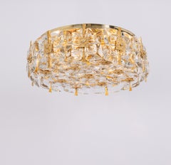 Delicate Gilt Brass Crystal-Glass Flush mount light by Palwa, Germany, 1970s