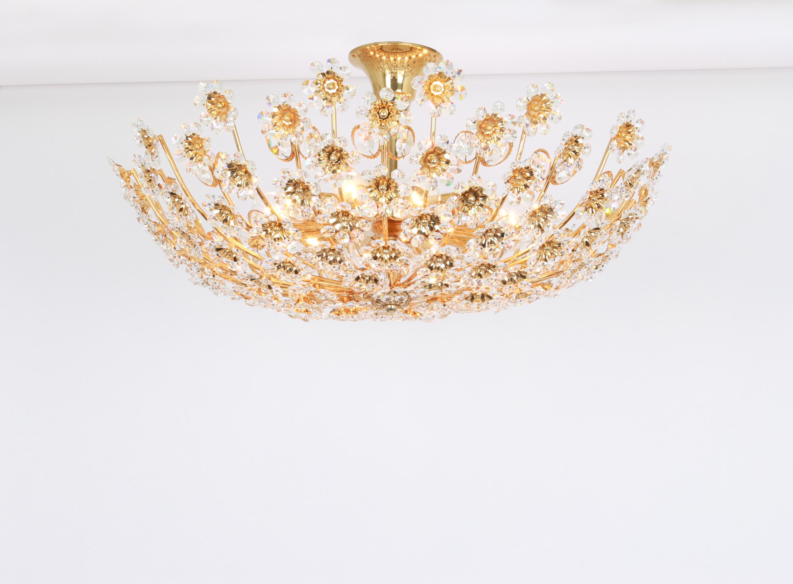 Mid-Century Modern Delicate Gilt Brass Cut-Glass Flower Chandelier by Palwa, Germany, 1970s For Sale