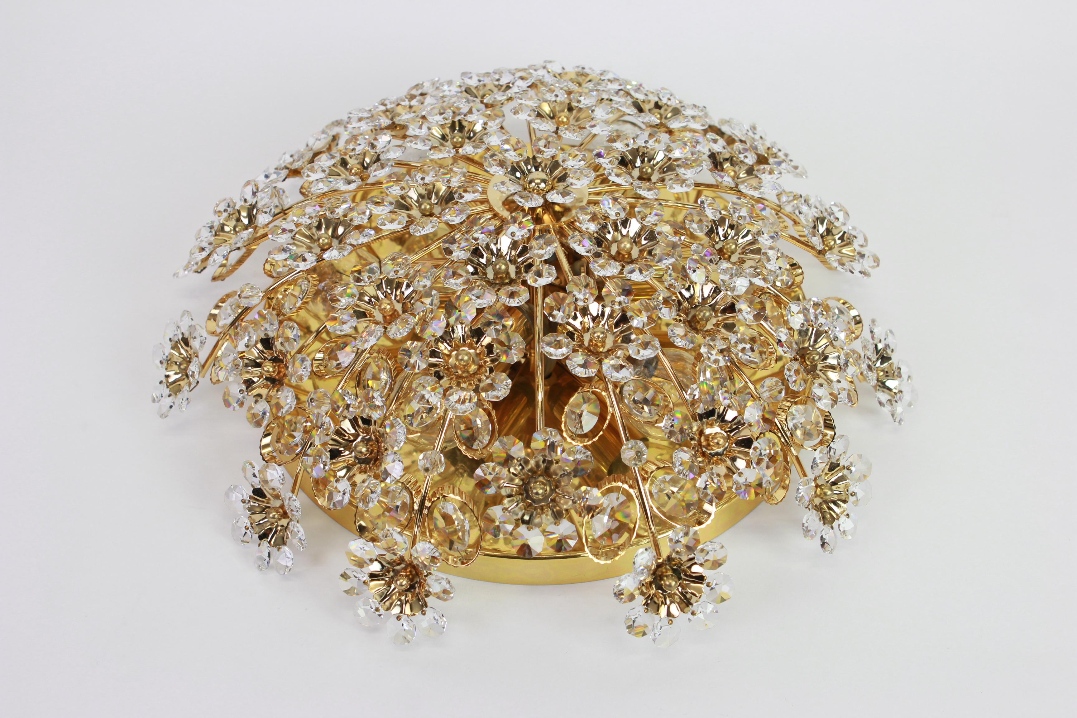 Late 20th Century Delicate Gilt Brass Cut-Glass Flower Chandelier by Palwa , Germany, 1970s