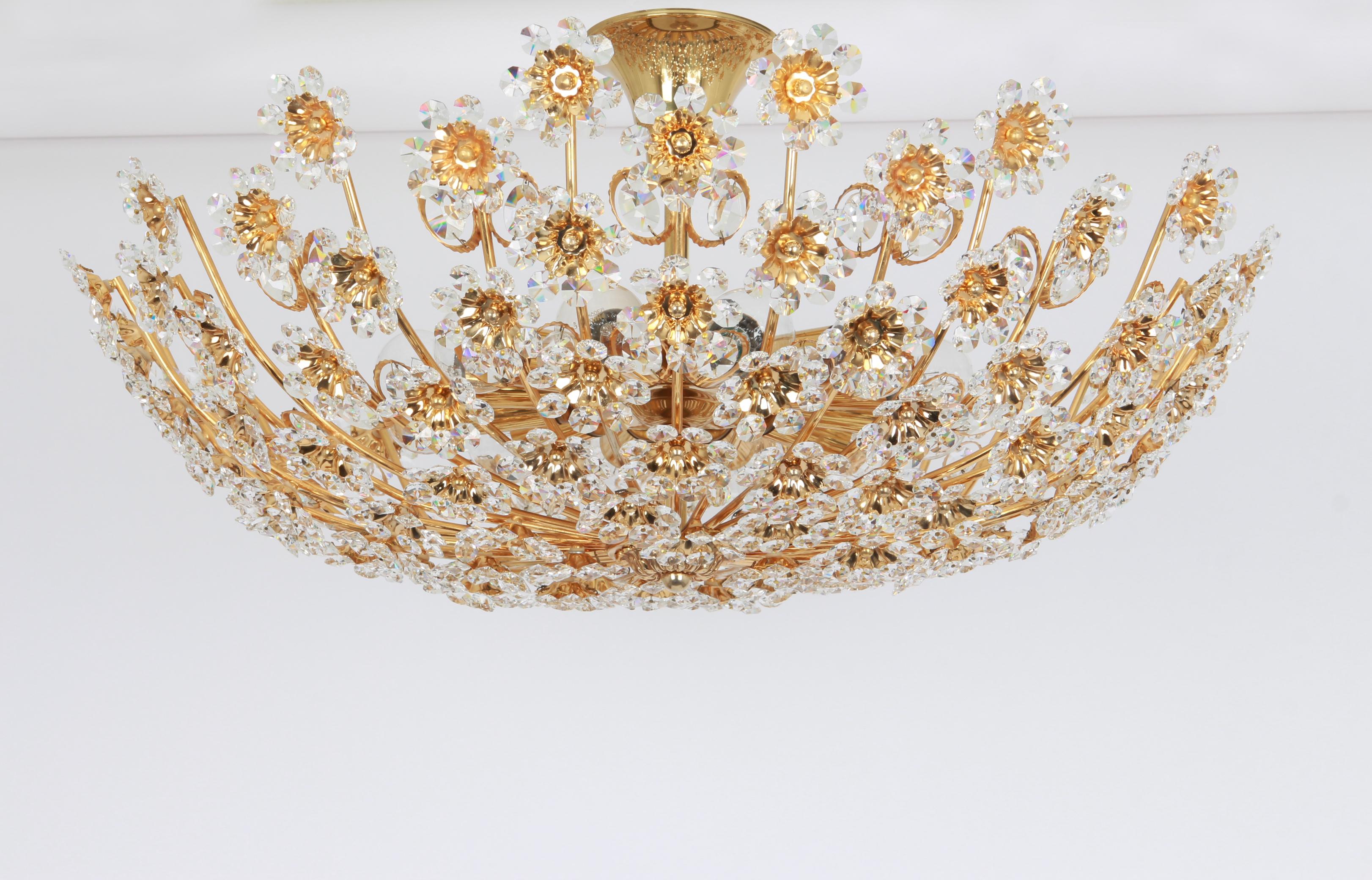 Delicate Gilt Brass Cut-Glass Flower Chandelier by Palwa, Germany, 1970s For Sale 1