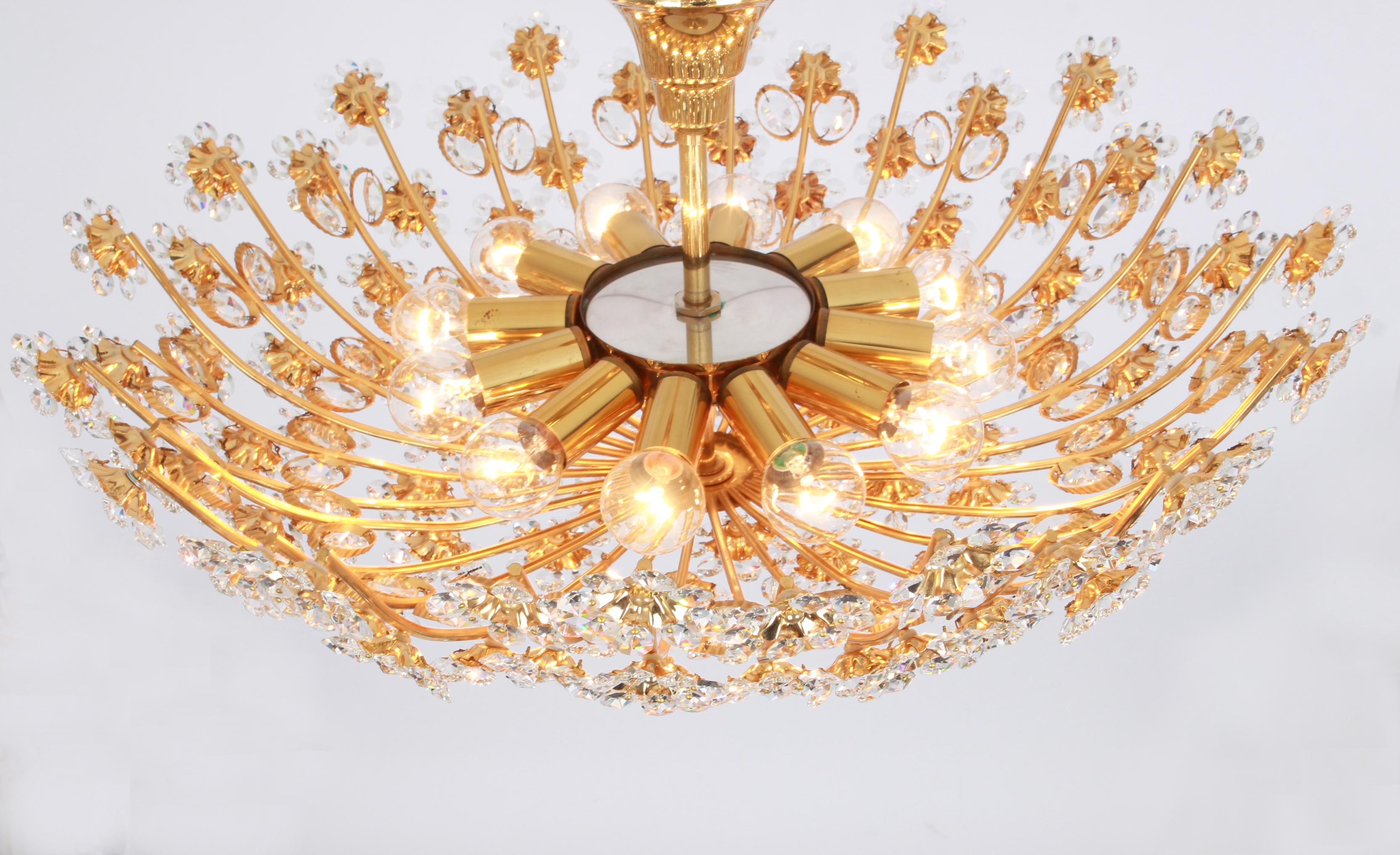 Delicate Gilt Brass Cut-Glass Flower Chandelier by Palwa, Germany, 1970s For Sale 2