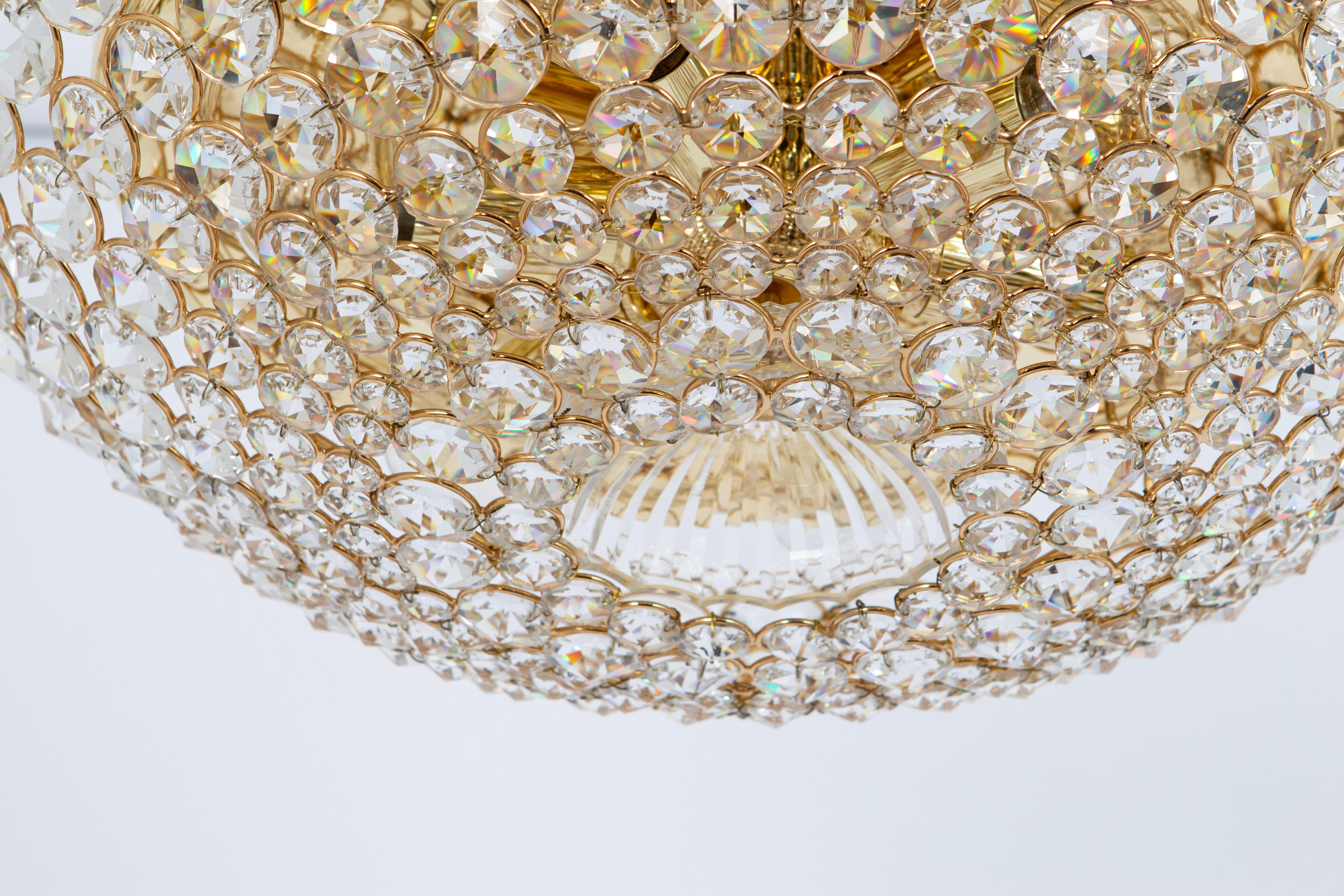Mid-Century Modern 1 of 2 Delicate Gilt Brass Cut-Glass Flower Flush Mount by Palwa, Germany, 1970s