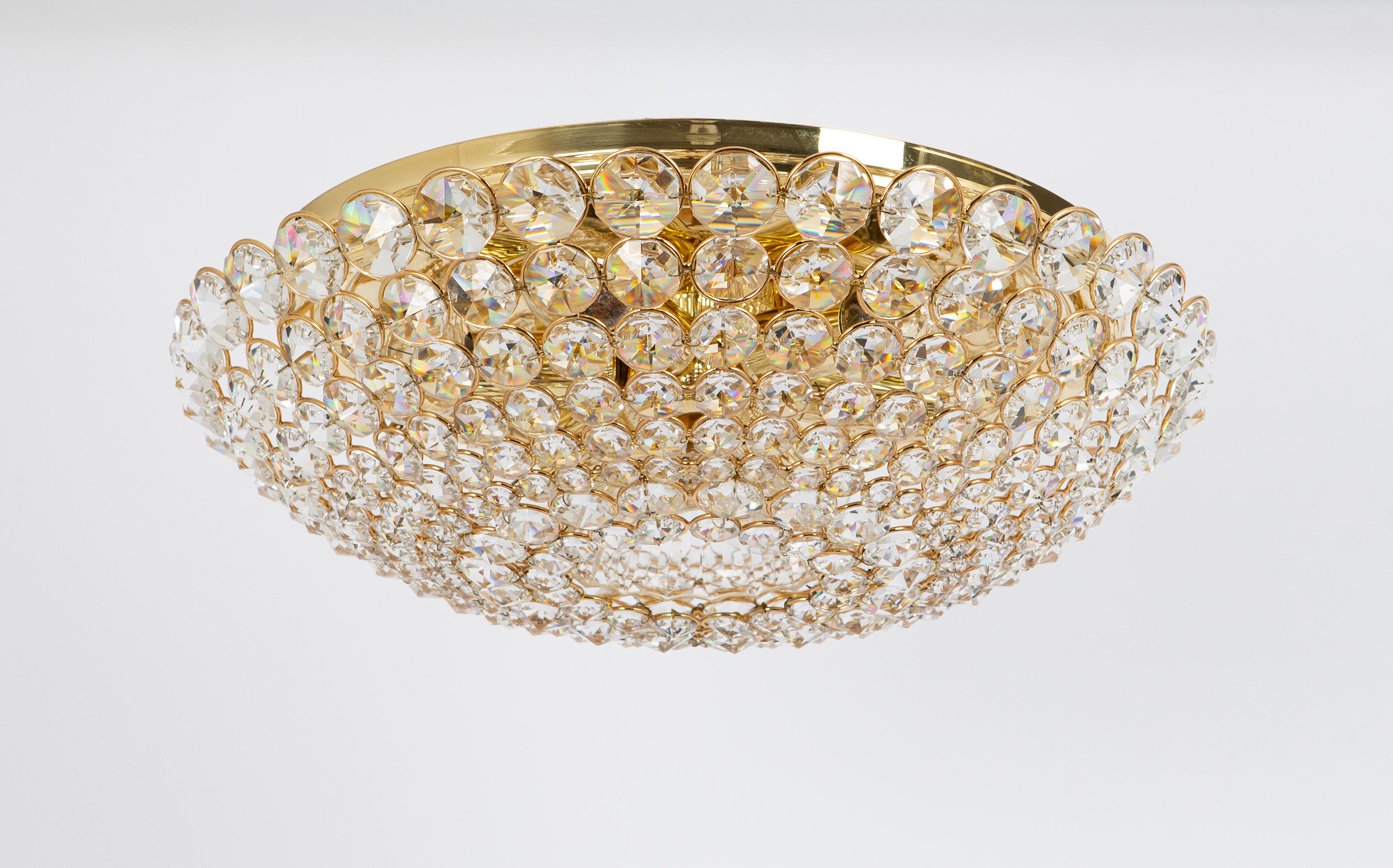 1 of 2 Delicate Gilt Brass Cut-Glass Flower Flush Mount by Palwa, Germany, 1970s In Good Condition In Aachen, NRW