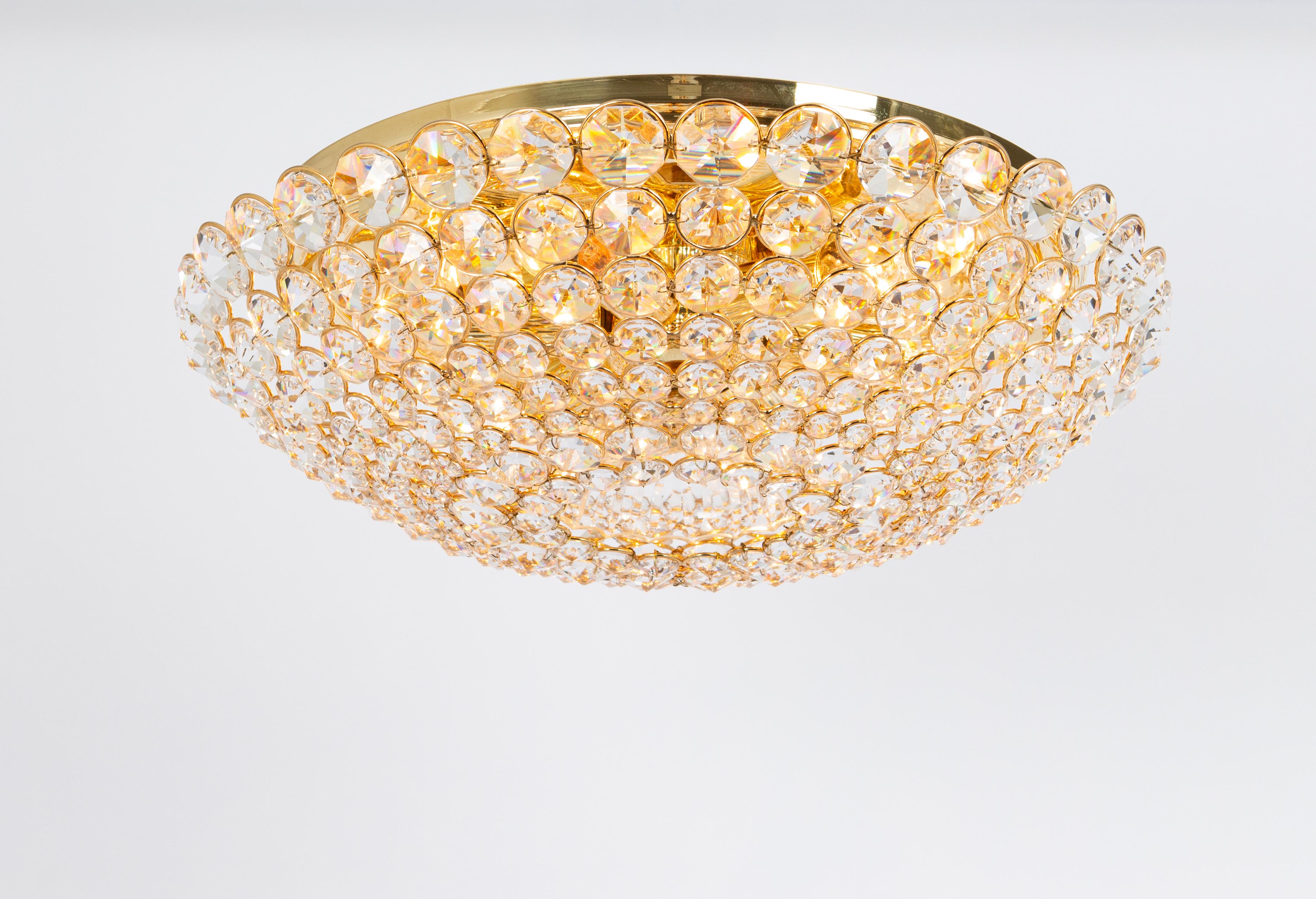 Late 20th Century 1 of 2 Delicate Gilt Brass Cut-Glass Flower Flush Mount by Palwa, Germany, 1970s
