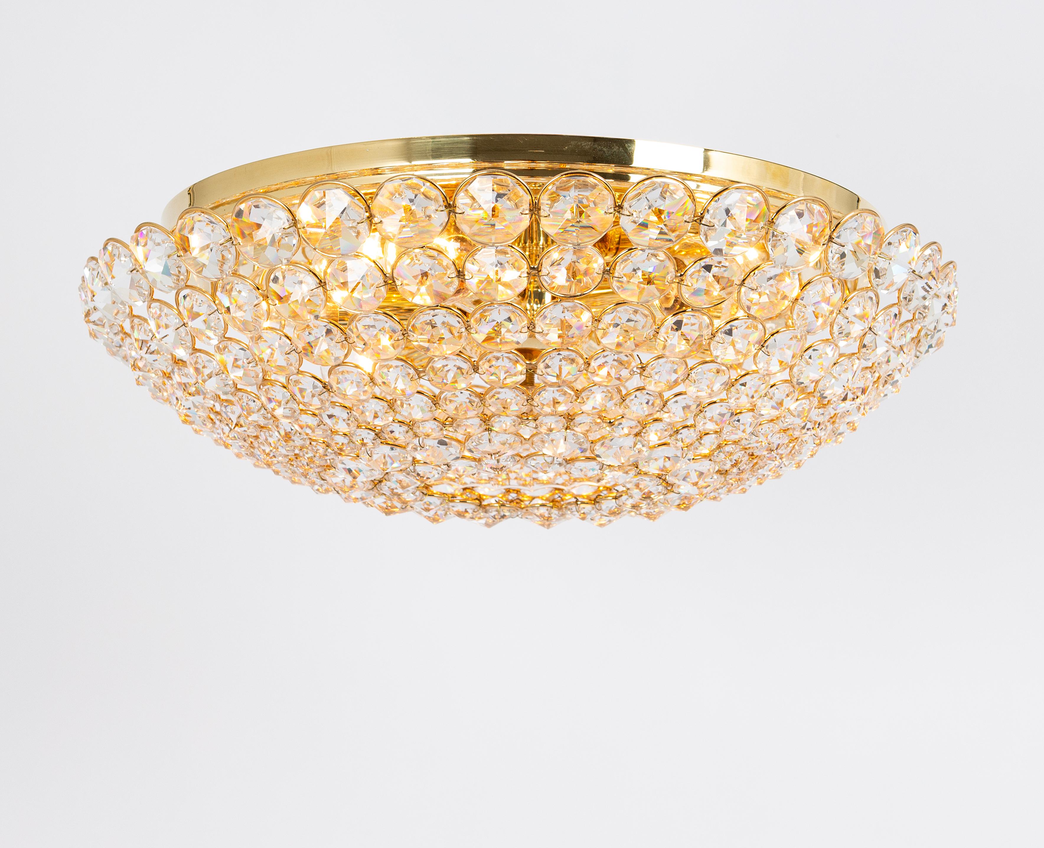 1 of 2 Delicate Gilt Brass Cut-Glass Flower Flush Mount by Palwa, Germany, 1970s 1