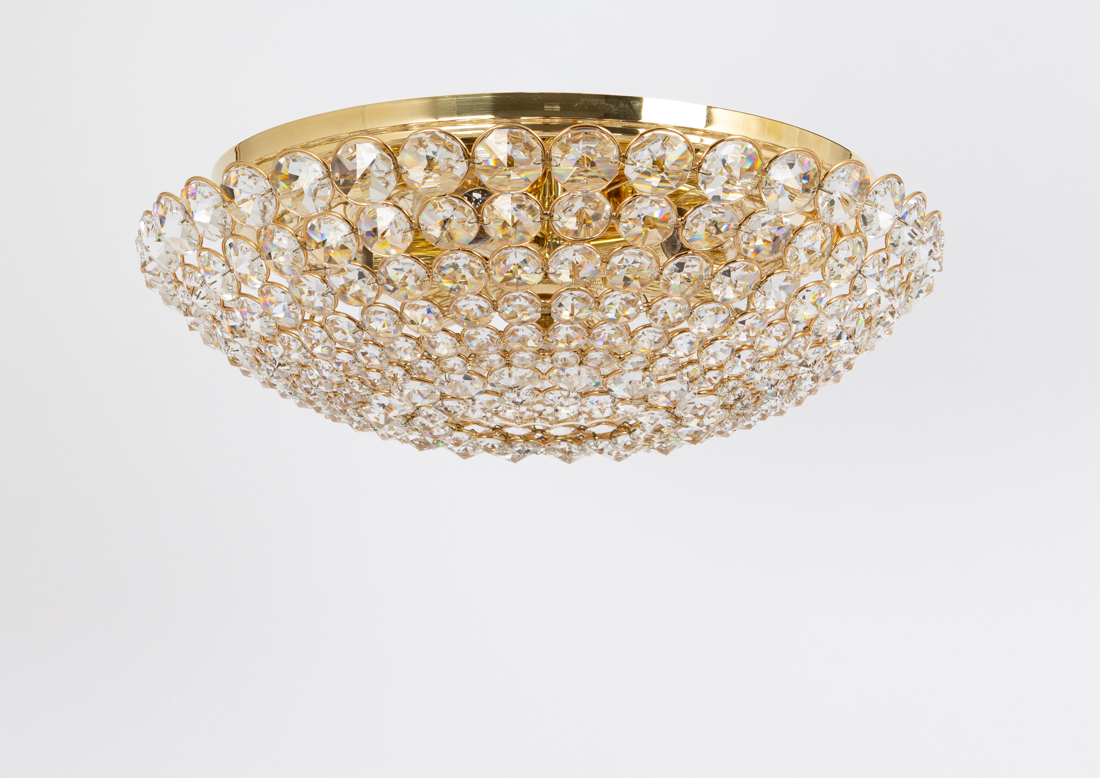 1 of 2 Delicate Gilt Brass Cut-Glass Flower Flush Mount by Palwa, Germany, 1970s 4