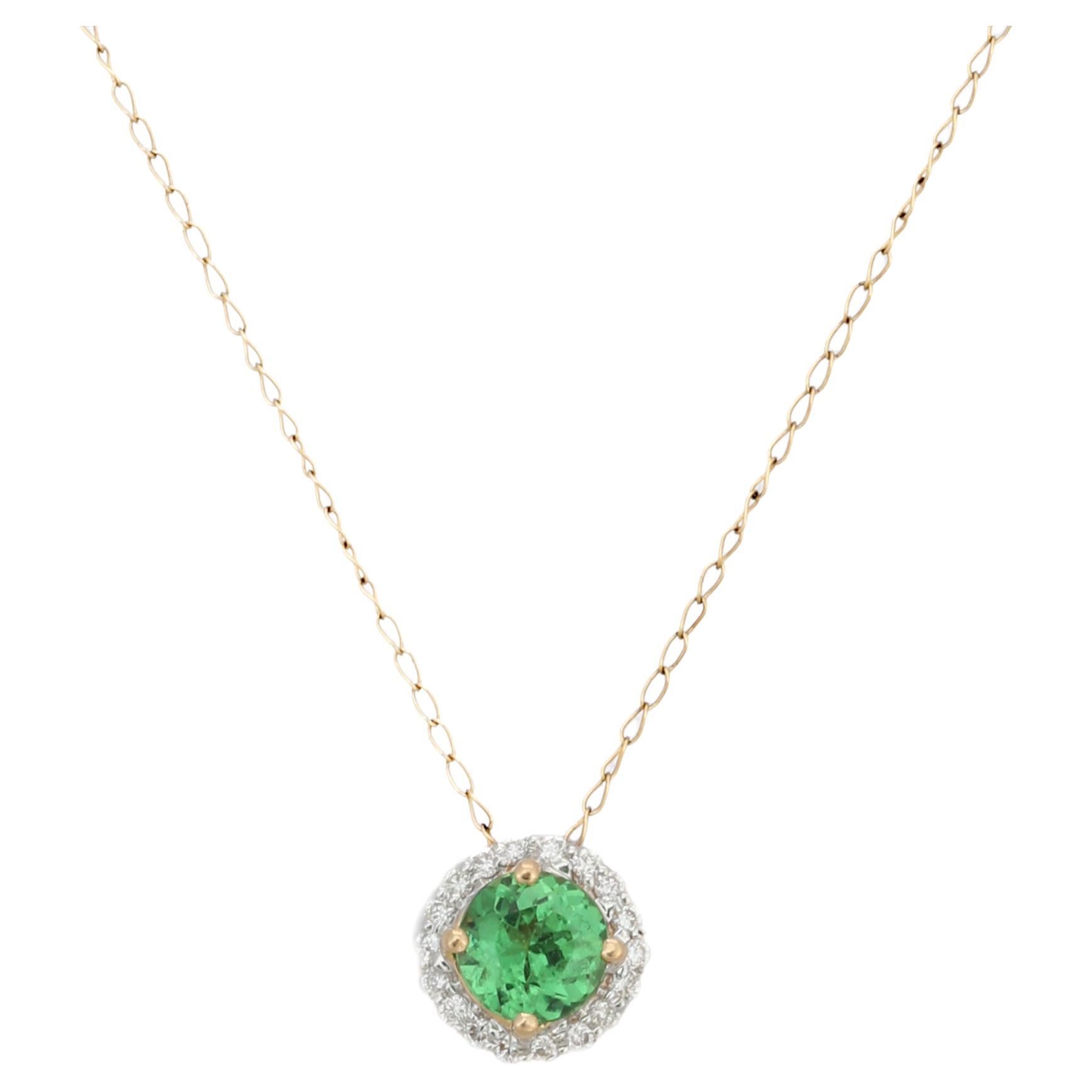 Halo Round Tsavorite Solitaire Necklace 18k Solid Yellow Gold, Gift For Her For Sale