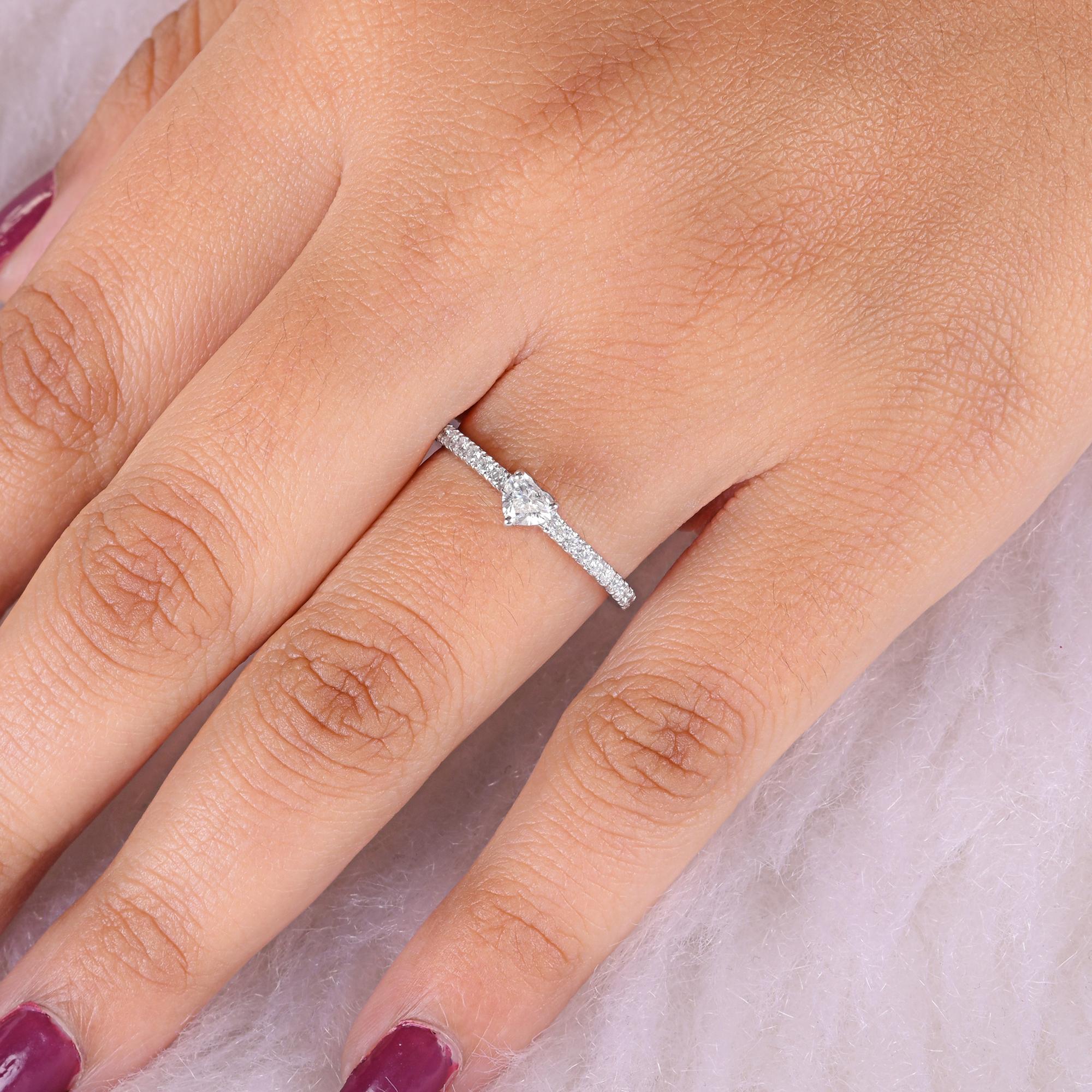 For Sale:  Delicate Heart-Shaped Solitaire Diamond Band Ring 14K Solid White Gold 9