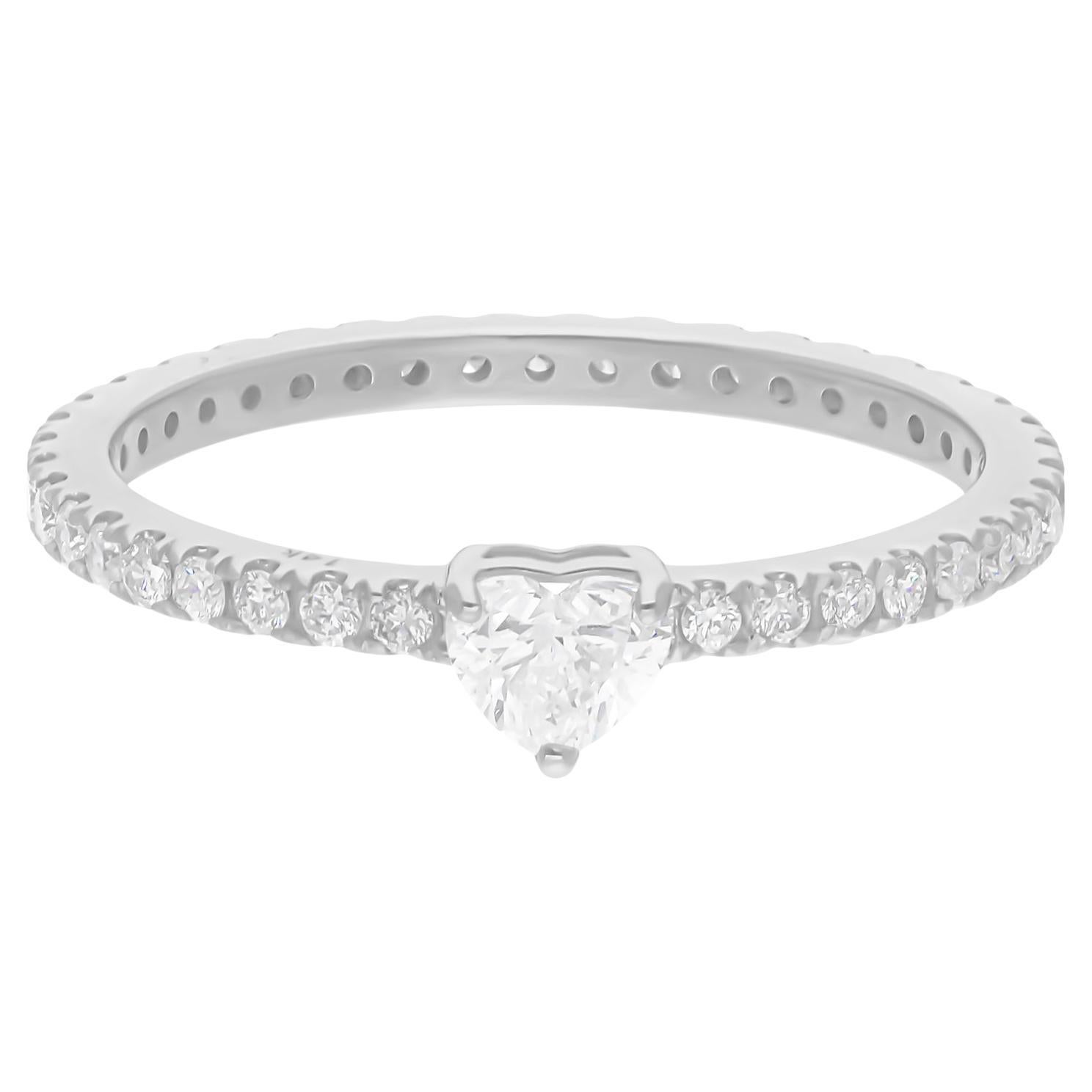For Sale:  Delicate Heart-Shaped Solitaire Diamond Band Ring 14K Solid White Gold
