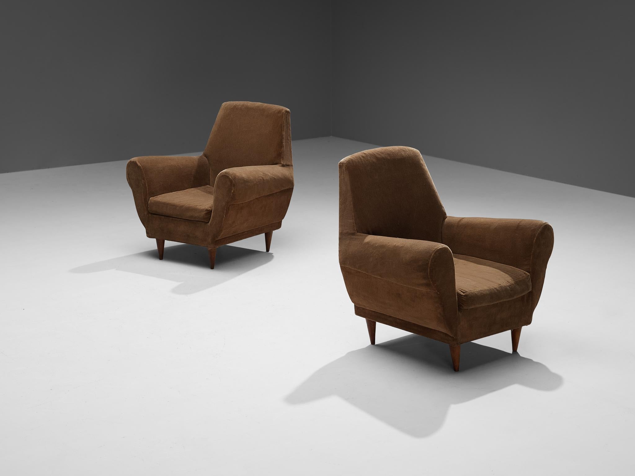 Delicate Italian Pair of Lounge Chairs in Teak and Brown Velvet For Sale 2