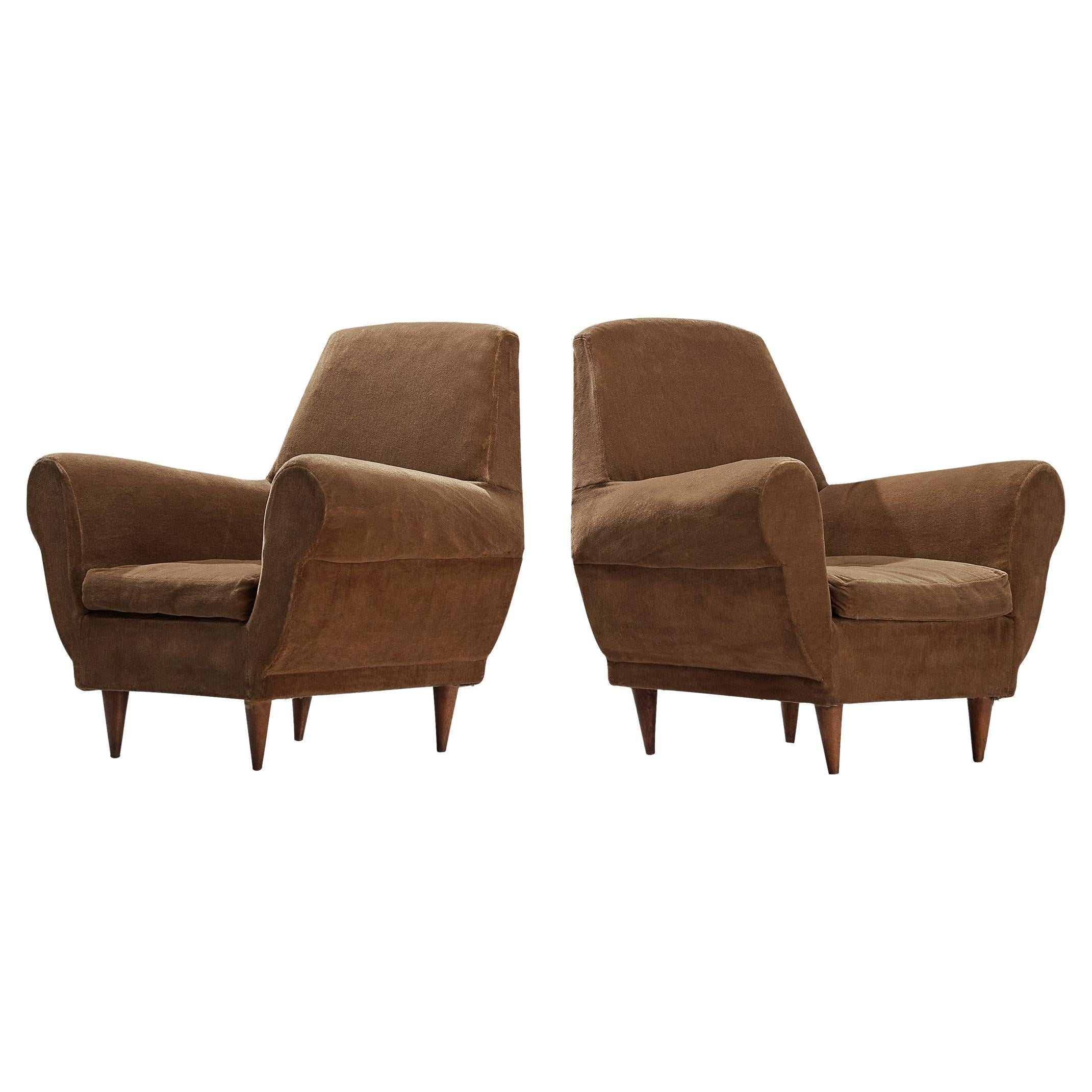 Delicate Italian Pair of Lounge Chairs in Teak and Brown Velvet For Sale