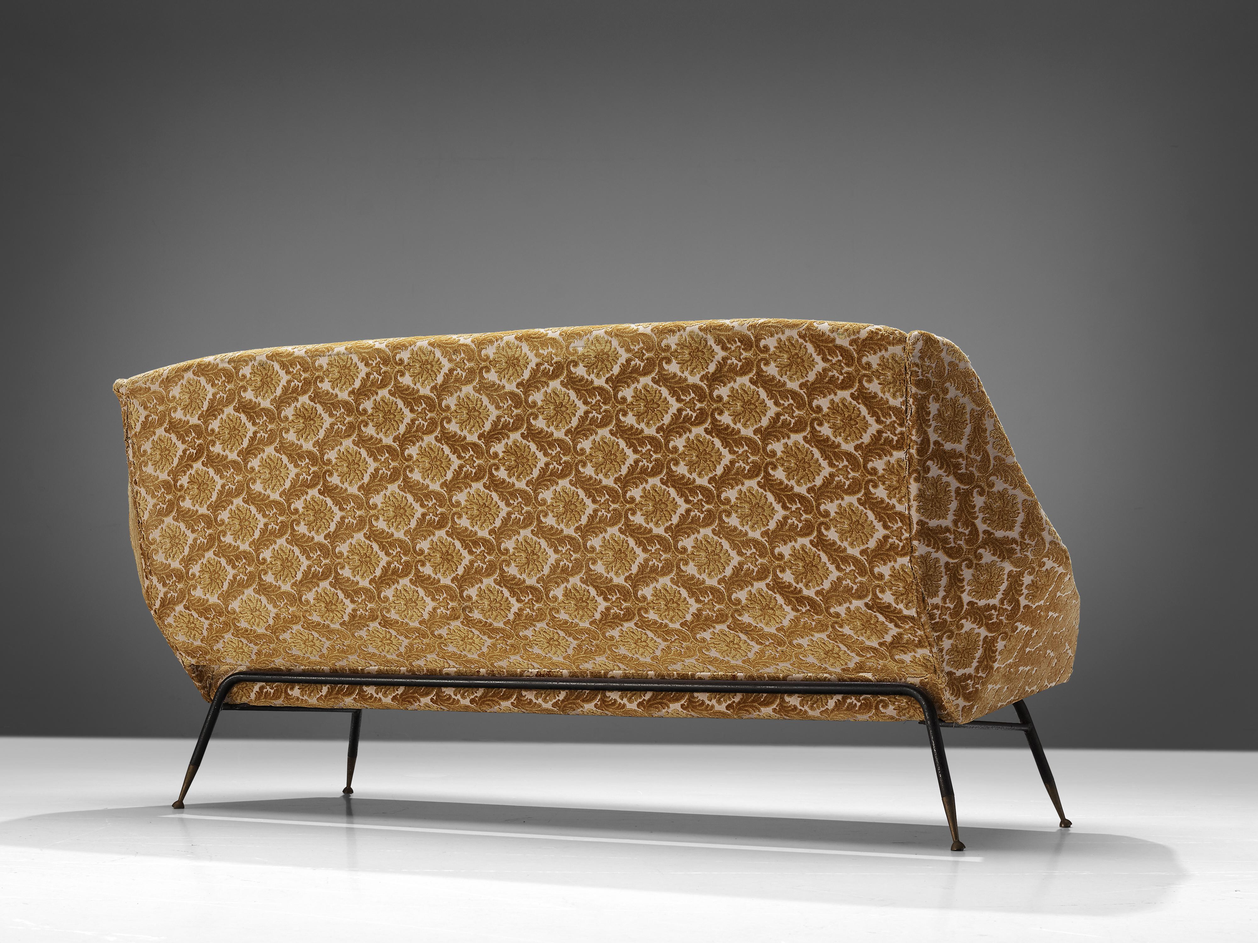 Mid-Century Modern Delicate Italian Sofa in Patterned Yellow Upholstery For Sale