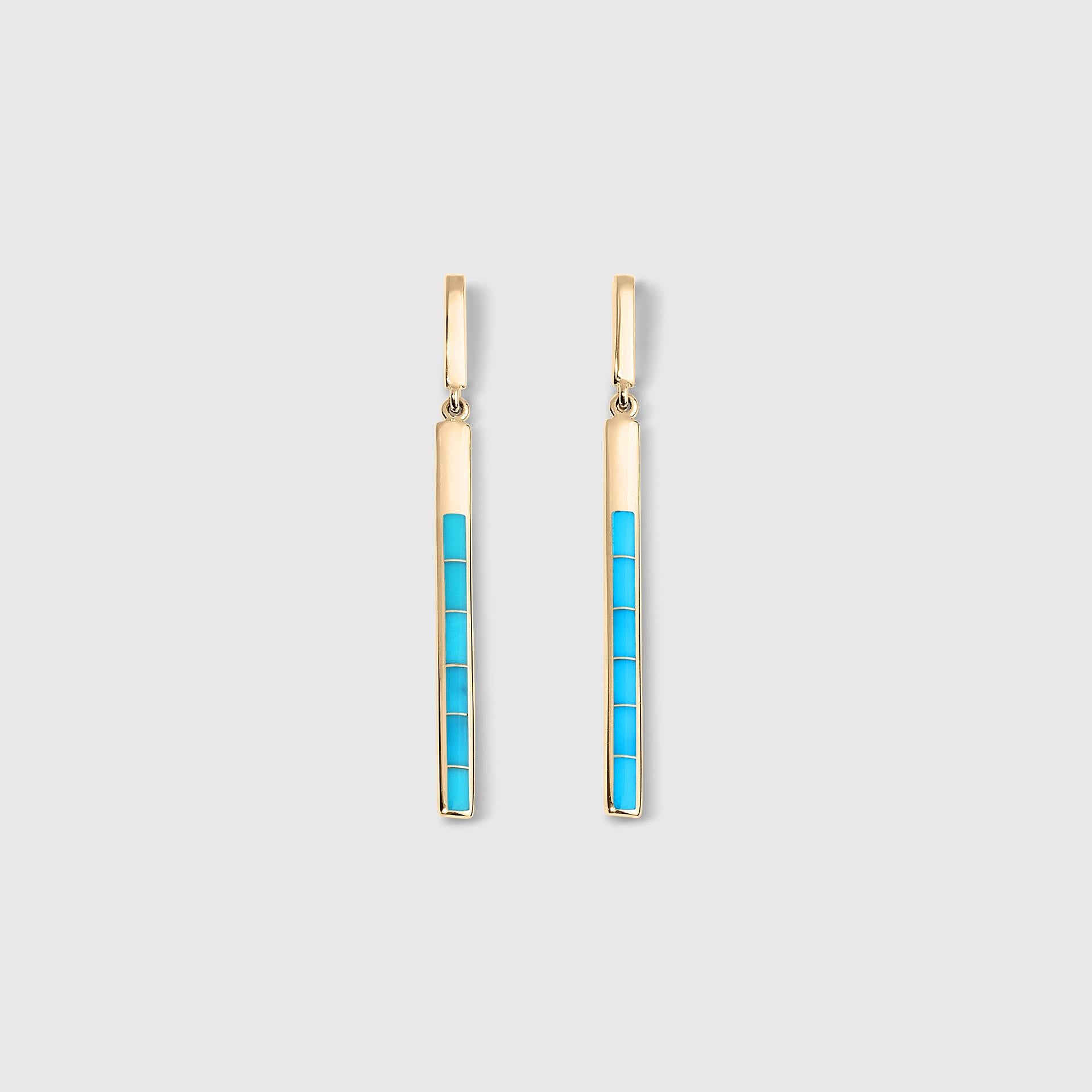 Delicate, Long, Sleeping Beauty Turquoise Inlay, Earrings, 14kt Yellow Gold, 1 1/2