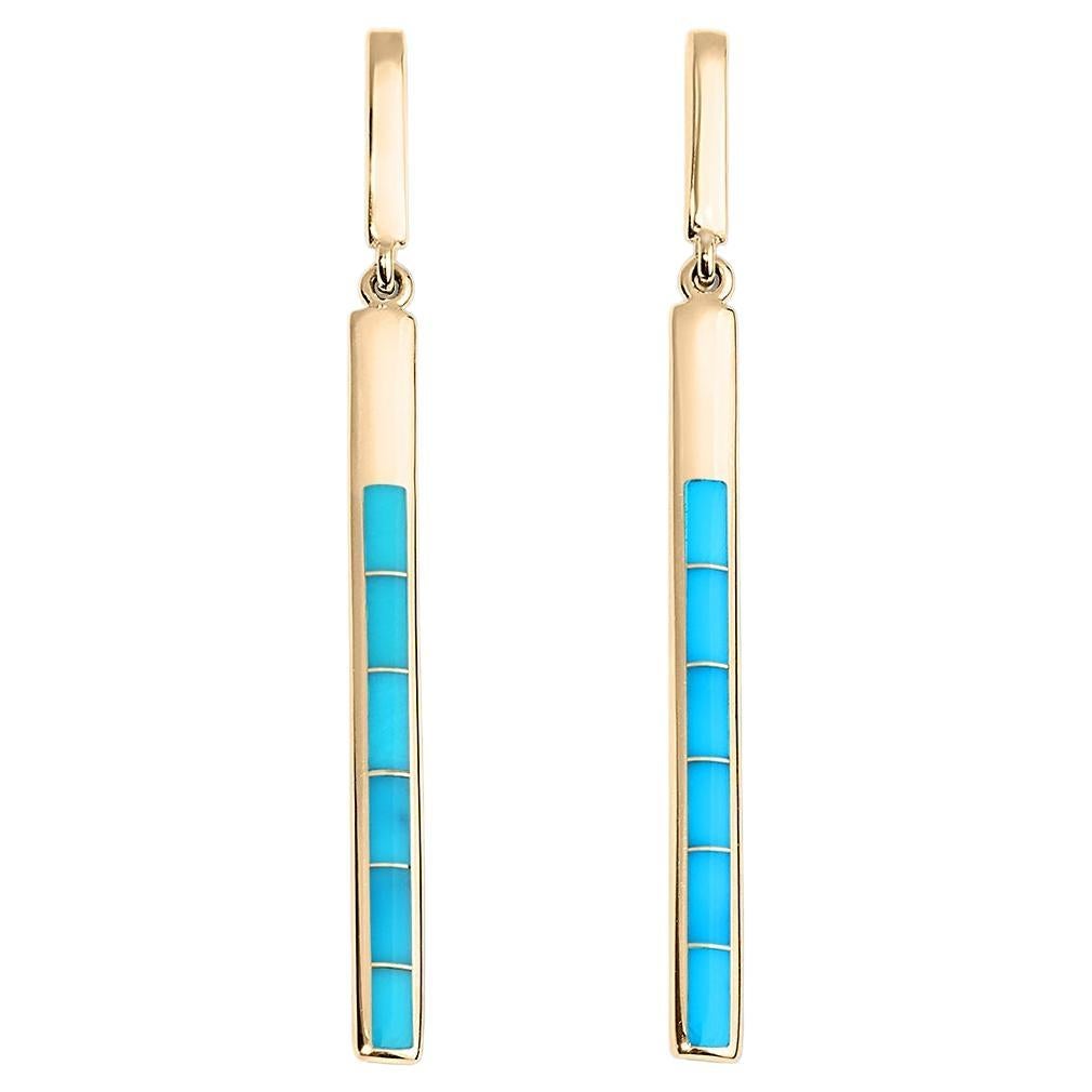 Delicate, Long, Sleeping Beauty Turquoise Inlay, Earrings, 14 Karat Gold For Sale