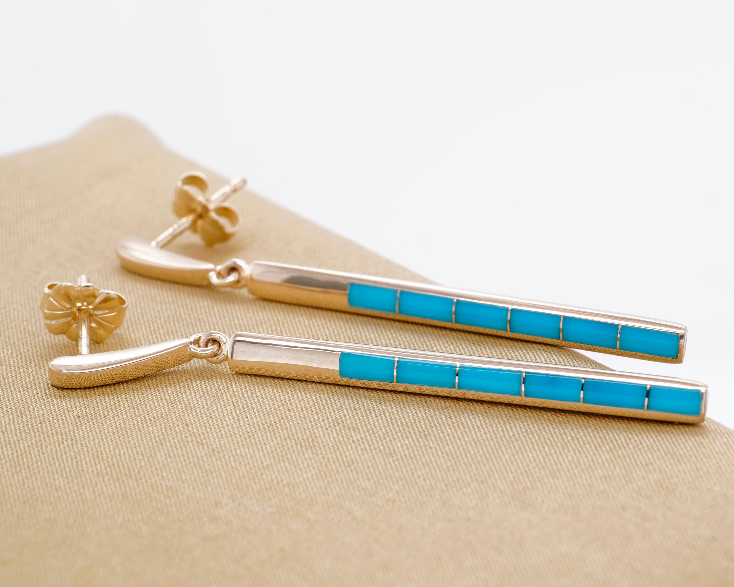 Square Cut Delicate, Long, Sleeping Beauty Turquoise Inlay, Earrings, 14 Karat Gold For Sale