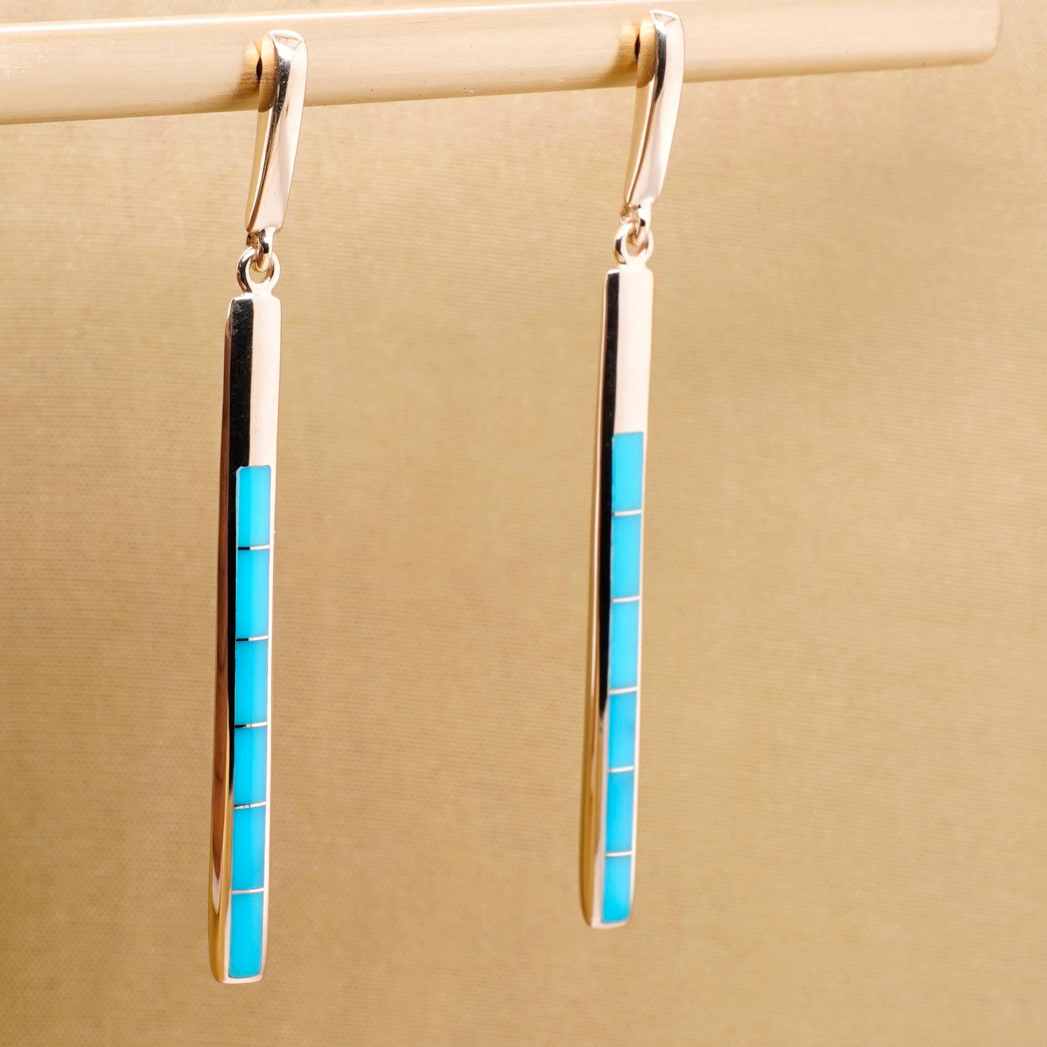 Delicate, Long, Sleeping Beauty Turquoise Inlay, Earrings, 14 Karat Gold In New Condition For Sale In Bozeman, MT