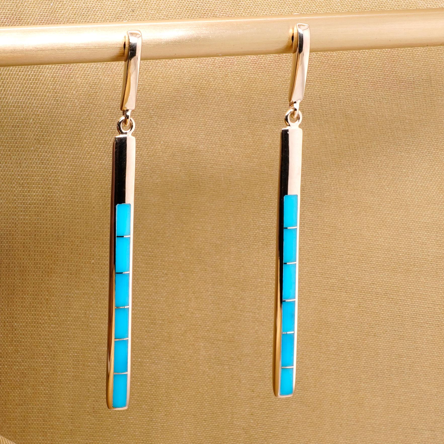Delicate Long Skinny Sleeping Beauty Turquoise Inlay Earrings 14K Yellow Gold For Sale 1