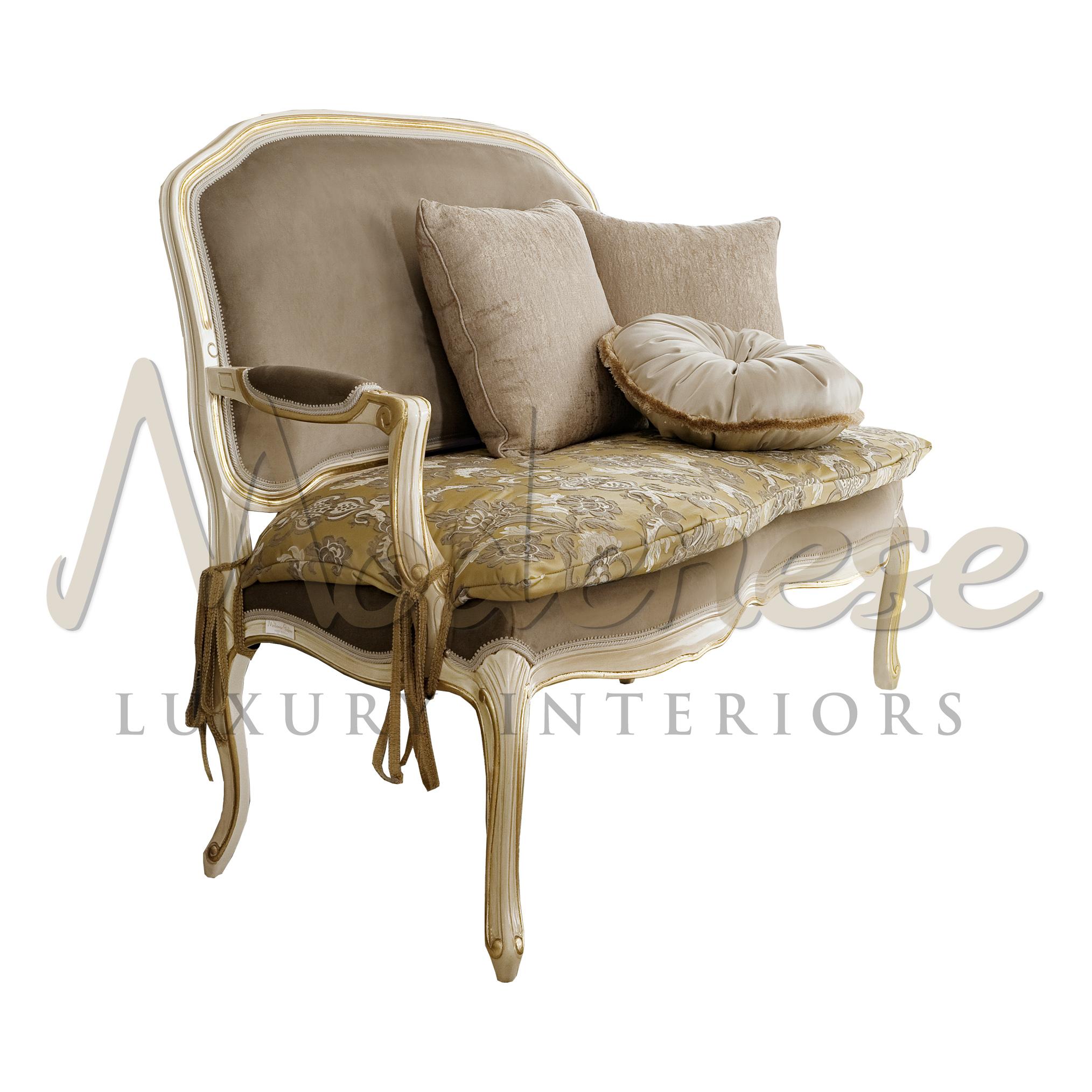 Wrap up your classy villa living areas with this slim and delicate two-seater loveseat by Modenese Luxury Interiors, showing up in one of our most sold catalogues. It features an ivory finish with gold applications on the lines, plus a grey