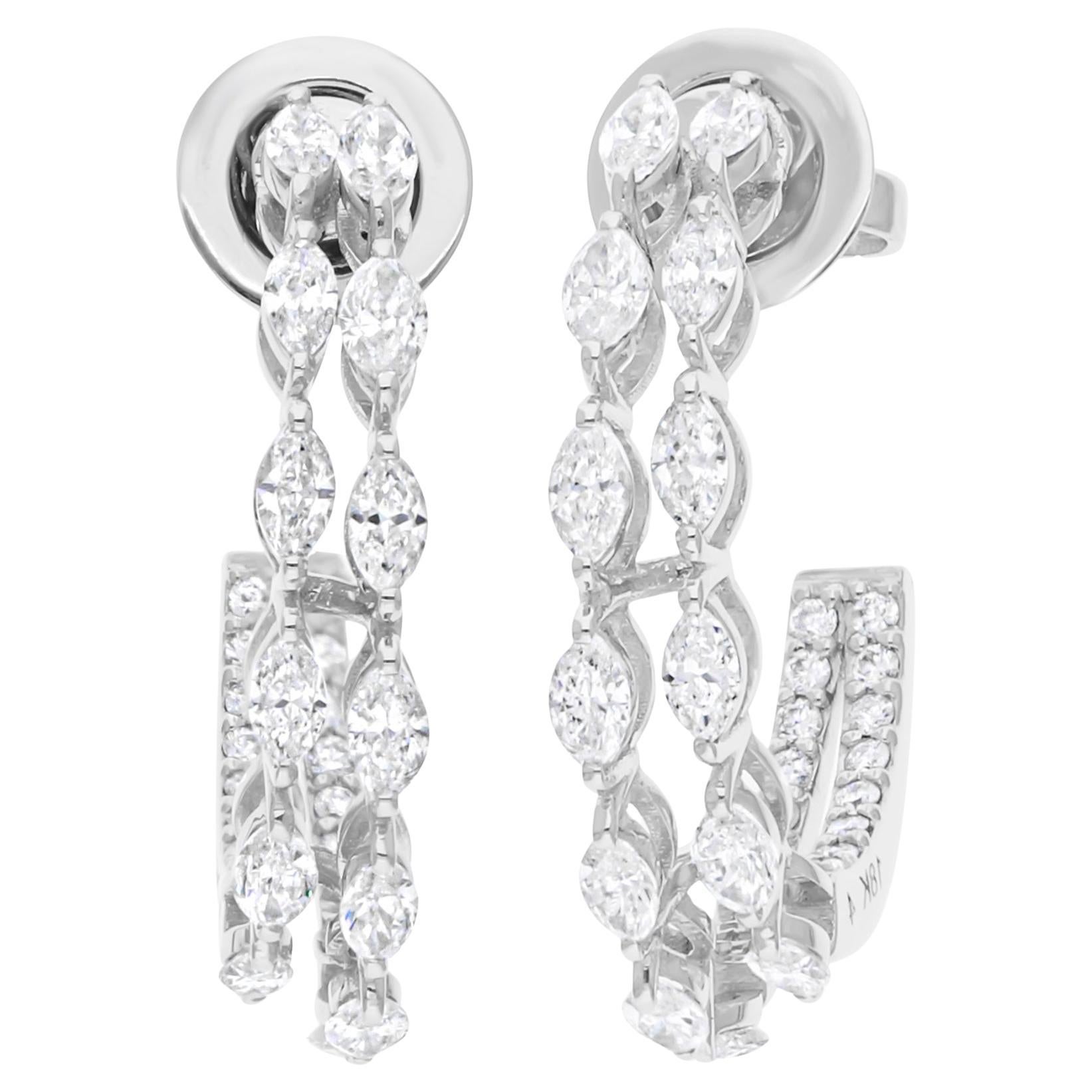 Delicados pendientes de aro de diamante natural talla marquesa de 1,60 ct y oro blanco de 14 quilates en Nuevo estado para la venta en Diera, Dubai