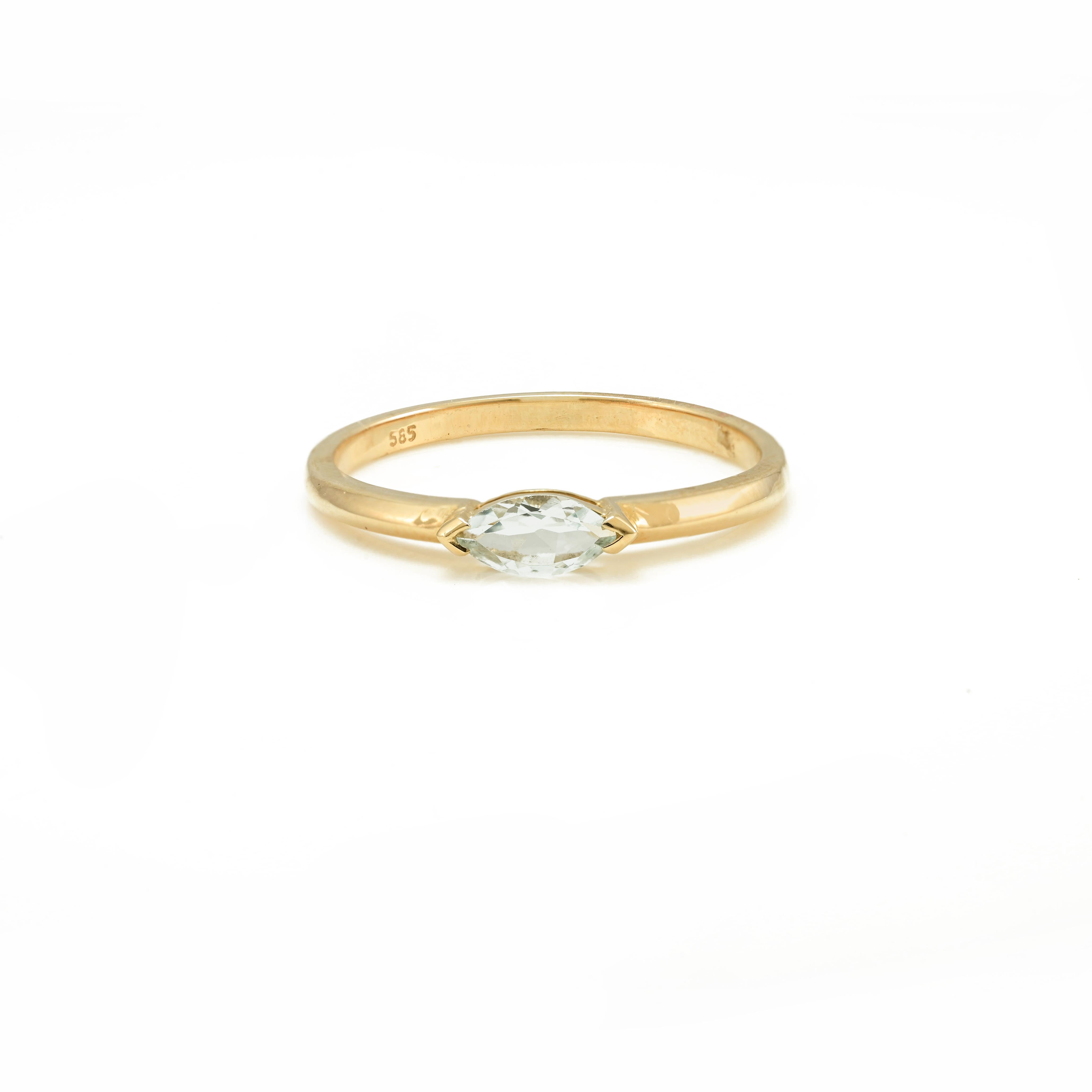 For Sale:  Dainty Marquise Cut Aquamarine Stacking Band Ring 14k Solid Yellow Gold 8