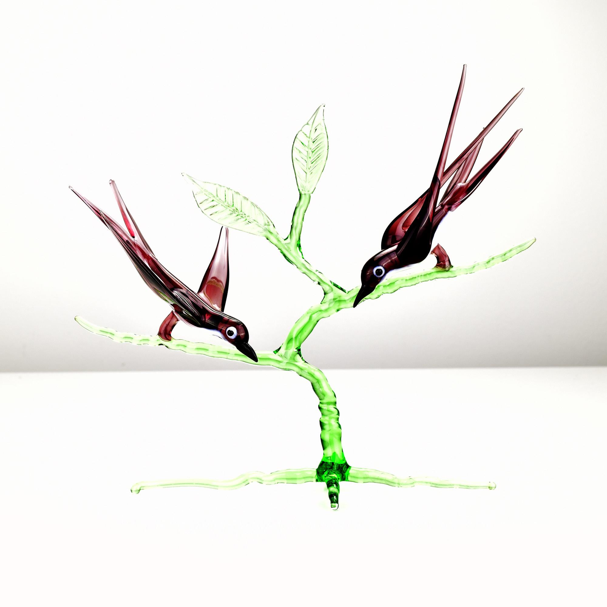 Delicate Mid Century Murano Art Glass Figurine Sculpture Swallows on a Branch Bon état - En vente à Bad Säckingen, DE
