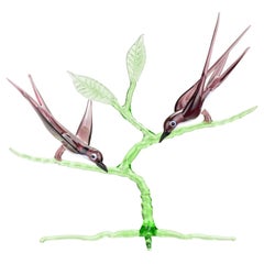 Delicate Mid Century Murano Art Glass Figurine Sculpture Swallows on a Branch