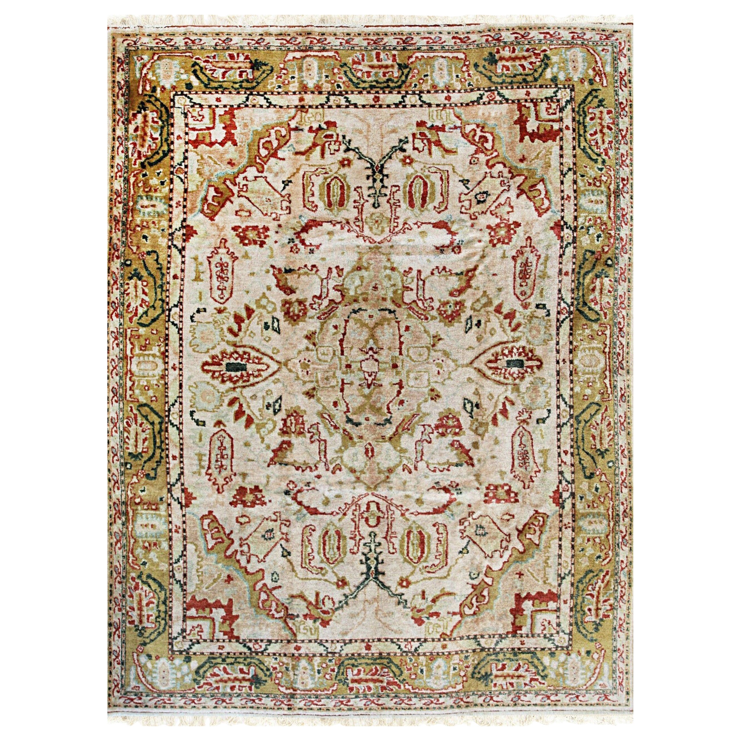 Delicate Mohair Oushak Beige Hand-Knotted Rug Carpet with Soft Medallion Design