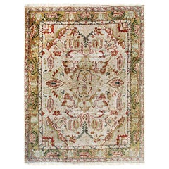 Delicate Mohair Oushak Beige Hand-Knotted Rug Carpet with Soft Medallion Design