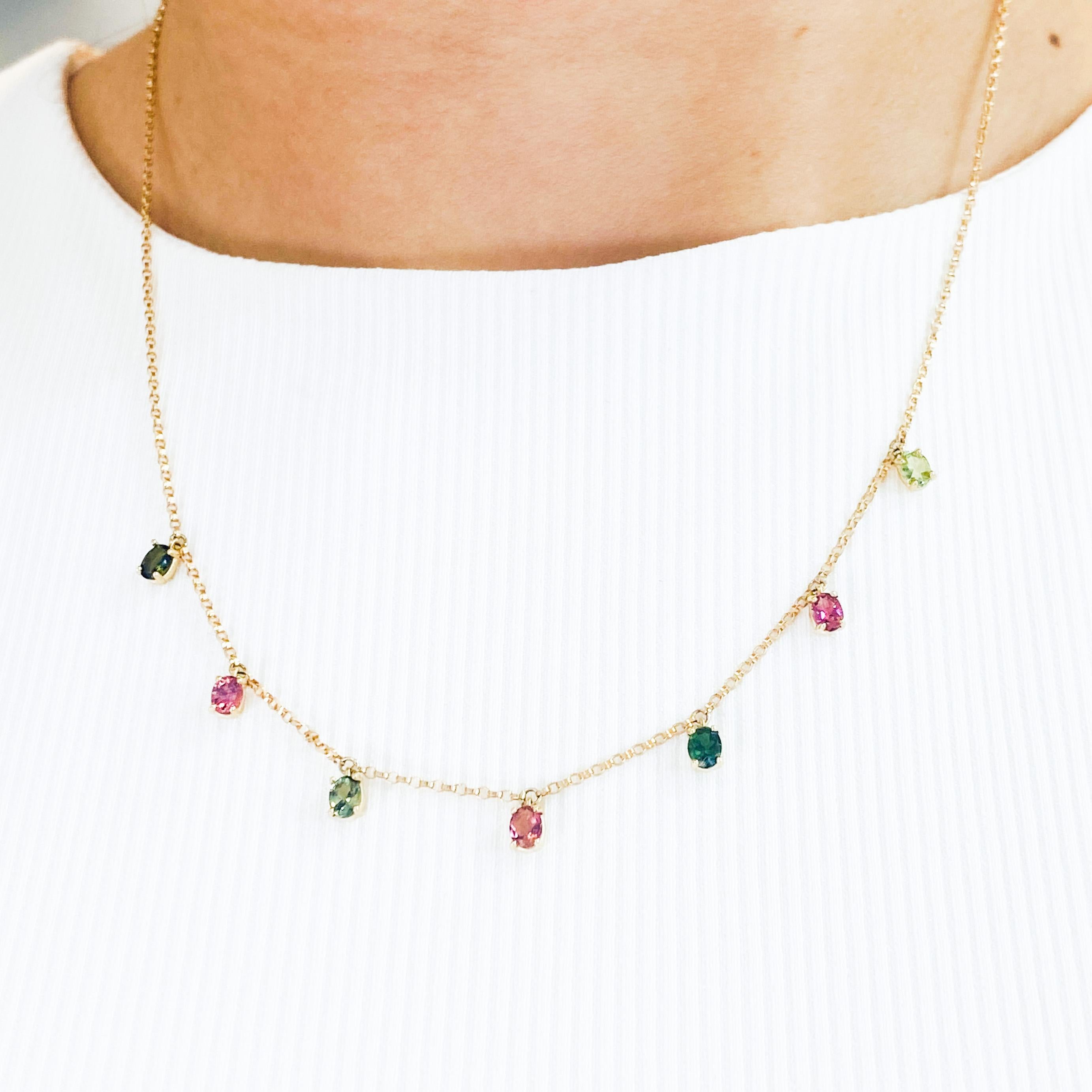 Add a dancing line of beautiful spring color tourmaline drops to your jewelry with this lovely necklace! The versatile colors can be worn year round! Celebrate an October loved one! Tourmaline is an alternative birthstone to opal for October! This