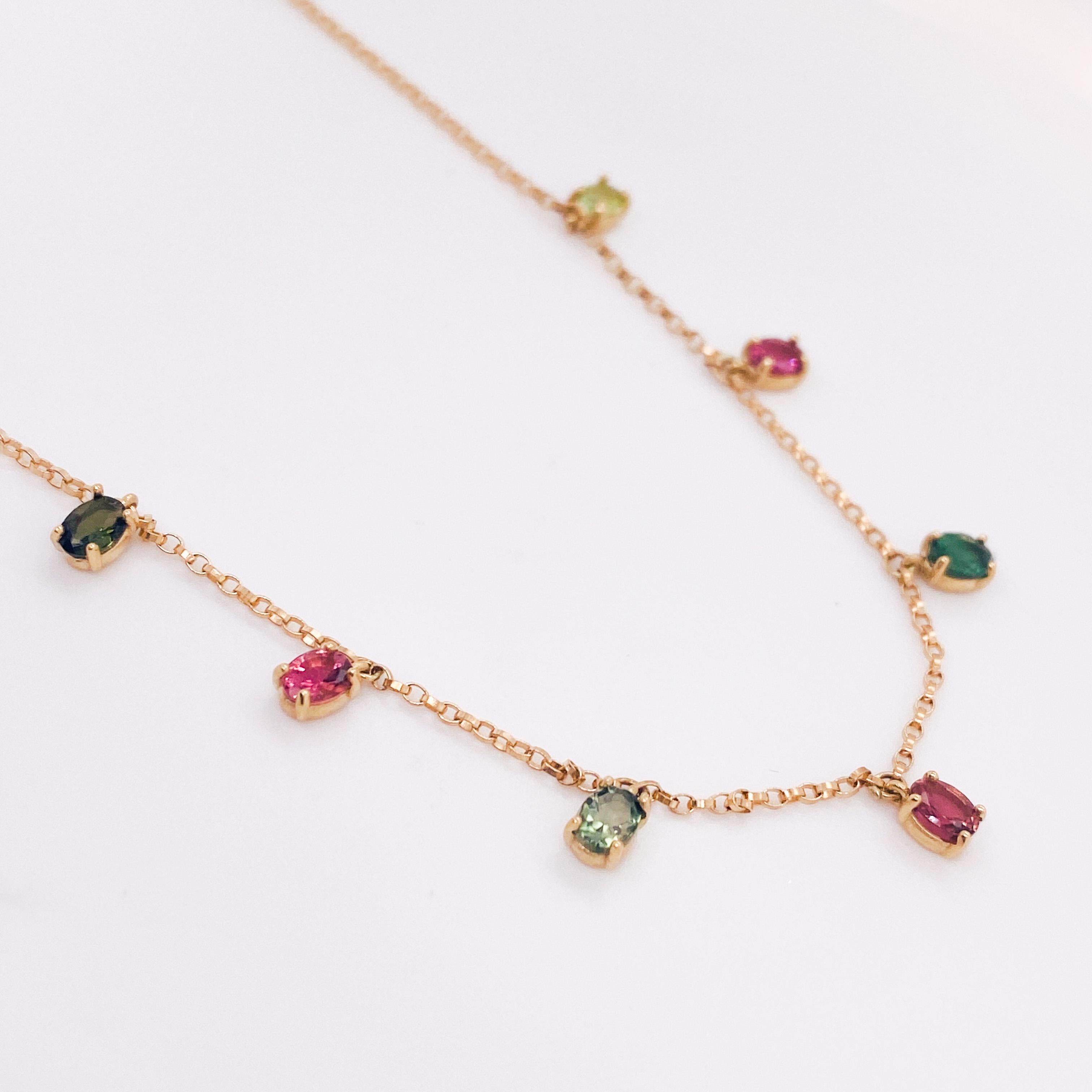 Contemporary Delicate Multicolor Tourmaline Drop Necklace, 1.20 Carats in 14k Yellow Gold LV For Sale