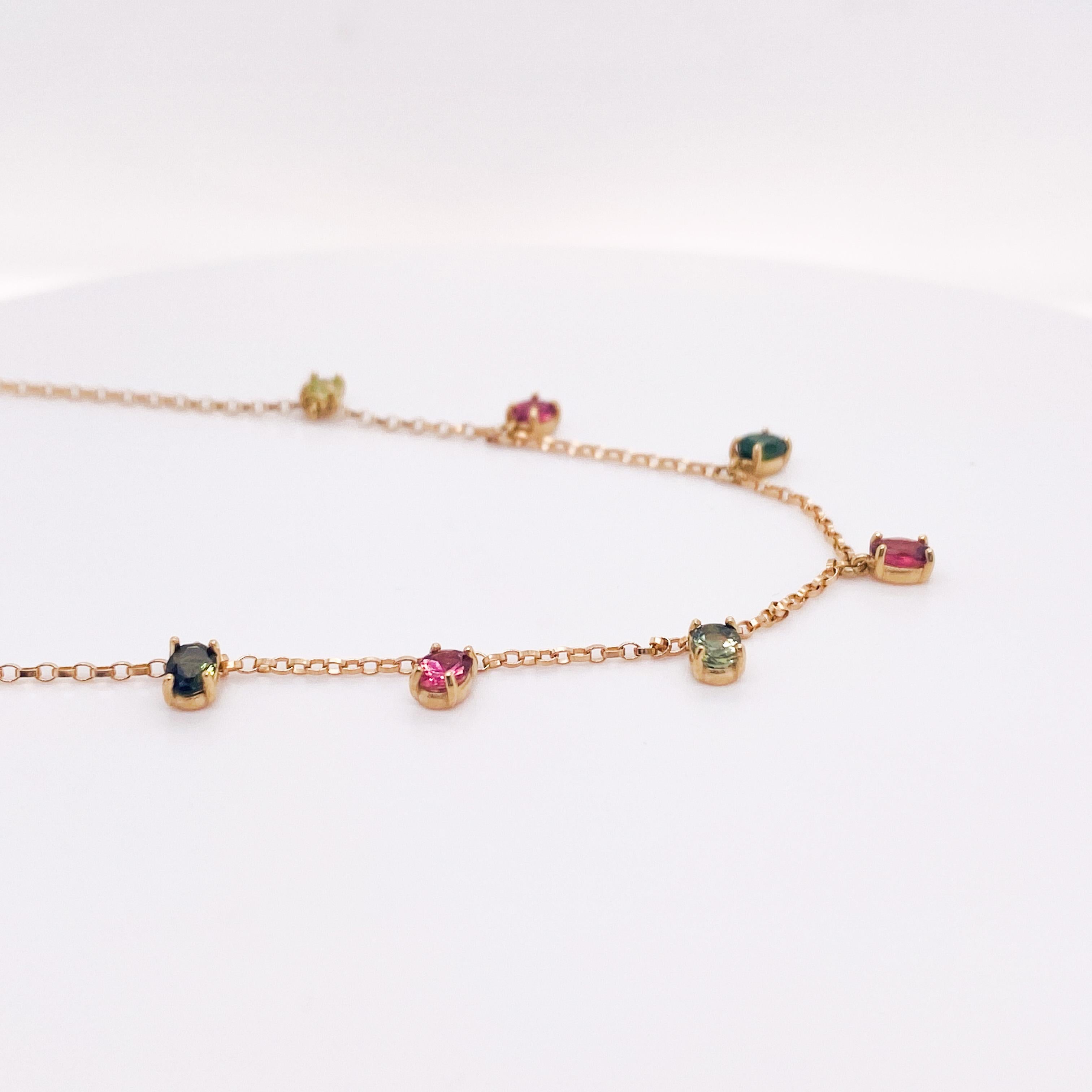 Oval Cut Delicate Multicolor Tourmaline Drop Necklace, 1.20 Carats in 14k Yellow Gold LV For Sale