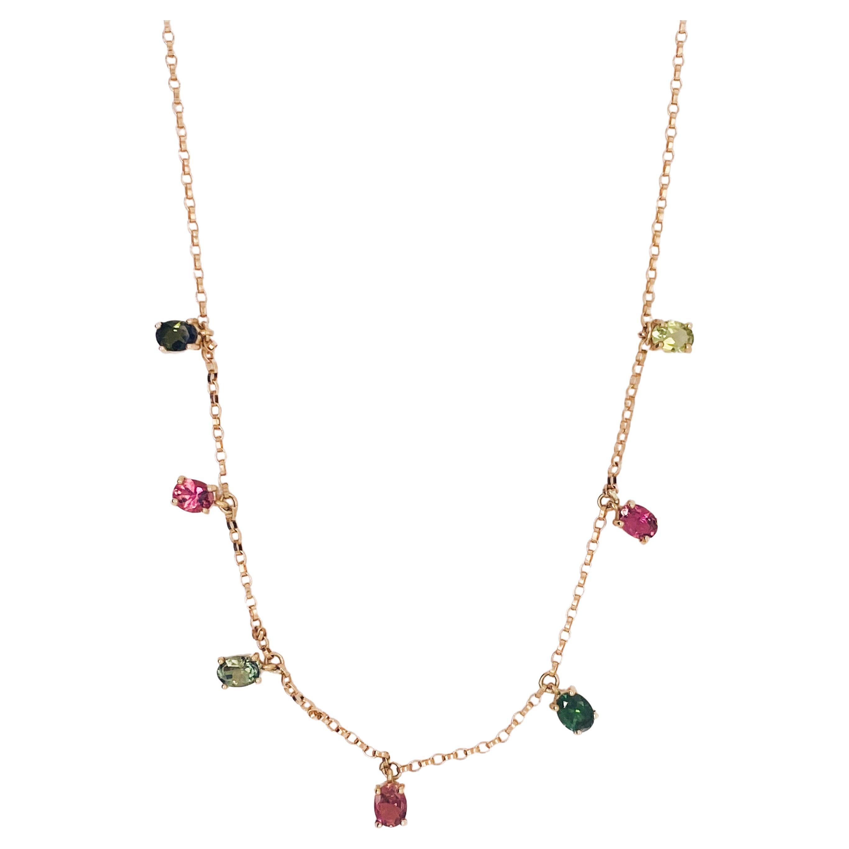 Delicate Multicolor Tourmaline Drop Necklace, 1.20 Carats in 14k Yellow Gold LV For Sale