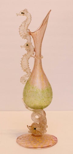 Delicate Murano Art Glass Ewer with Seahorses, Circa 1920's