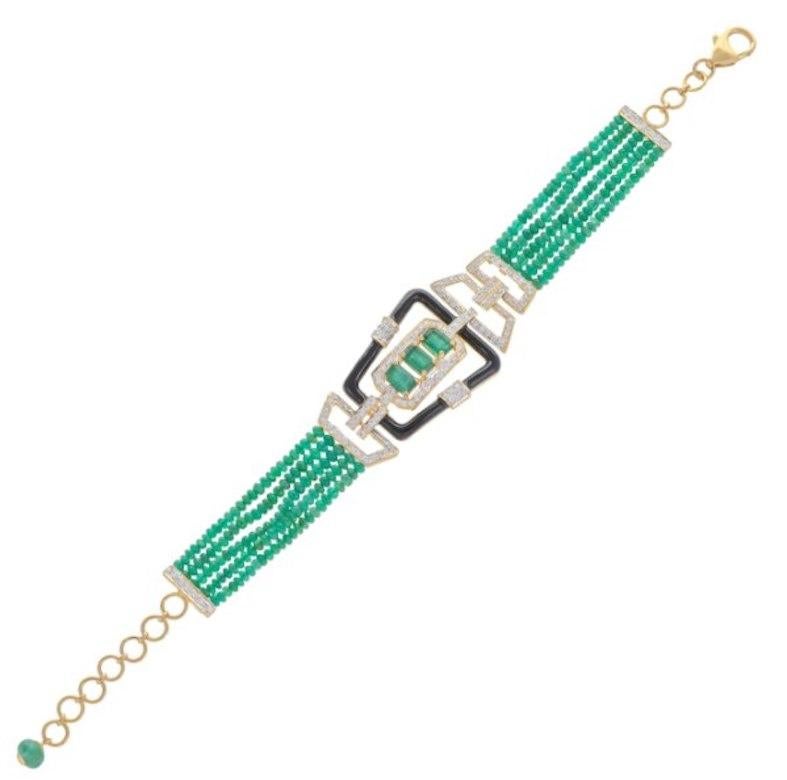 20.33 Carat Emerald Black Enamel Diamond 18 Karat Yellow Gold Bead Bracelet

This astonishing five strand 18.64 carats emerald beads bracelet is from the 'Art-Deco' collection, combining 1.69 carats octagon-shaped emeralds in the center completed by
