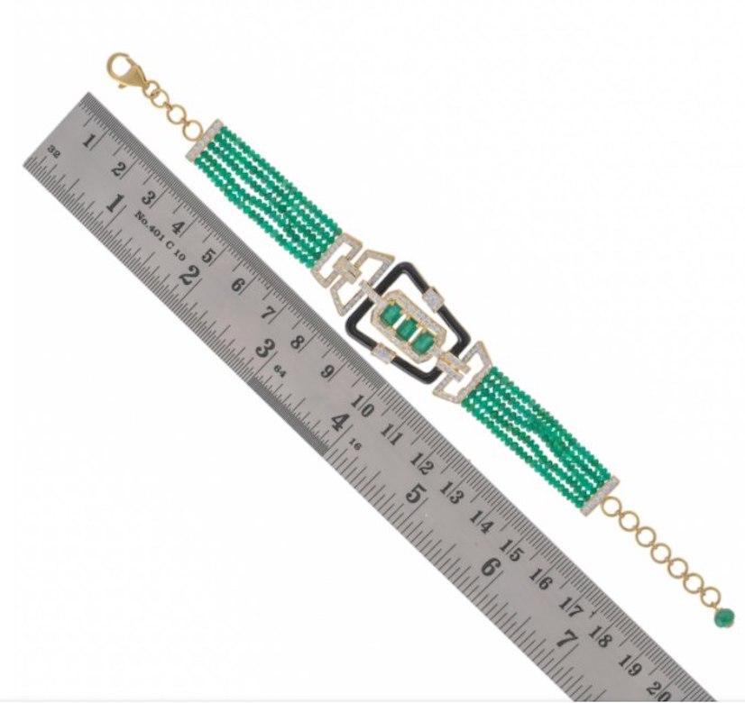 Delicate Natural Emerald Yellow Gold Black Enamel Bracelet for Her In New Condition For Sale In Montreux, CH