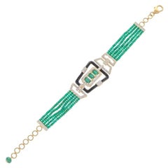 Delicate Natural Emerald Yellow Gold Black Enamel Bracelet for Her