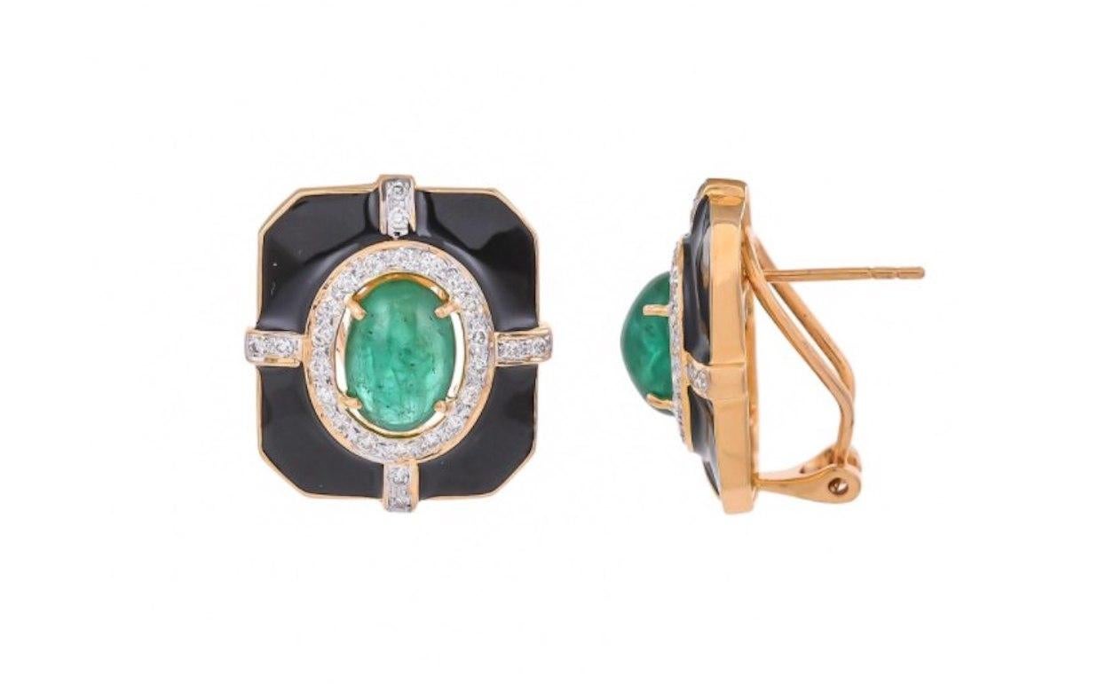 Emerald Cut Delicate Natural Emerald Yellow Gold Black Enamel Lever, Back Earrings for Her For Sale