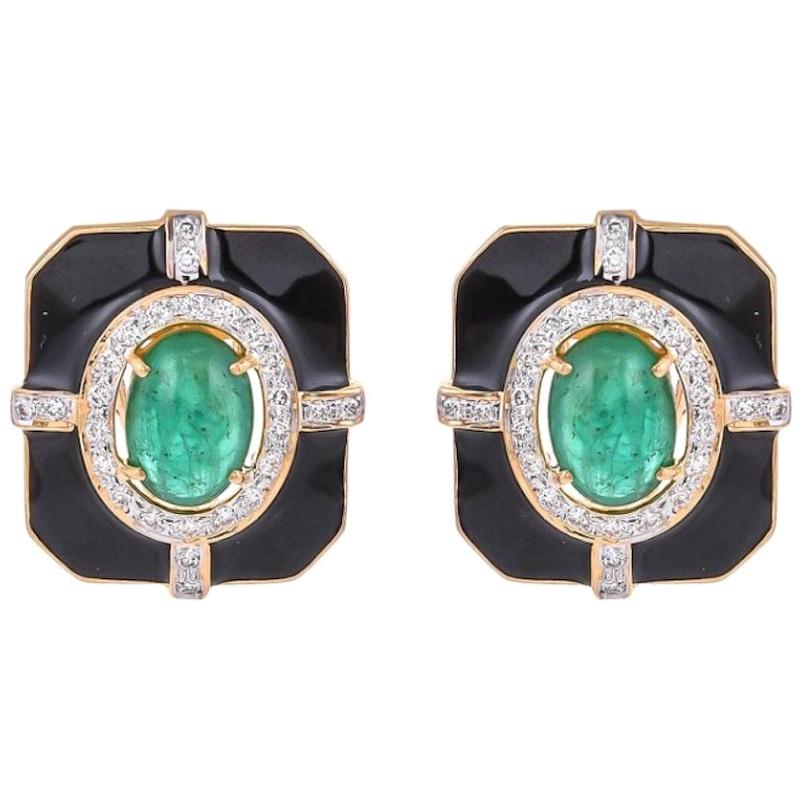 Delicate Natural Emerald Yellow Gold Black Enamel Lever, Back Earrings for Her