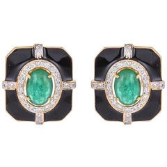 Delicate Natural Emerald Yellow Gold Black Enamel Lever, Back Earrings for Her