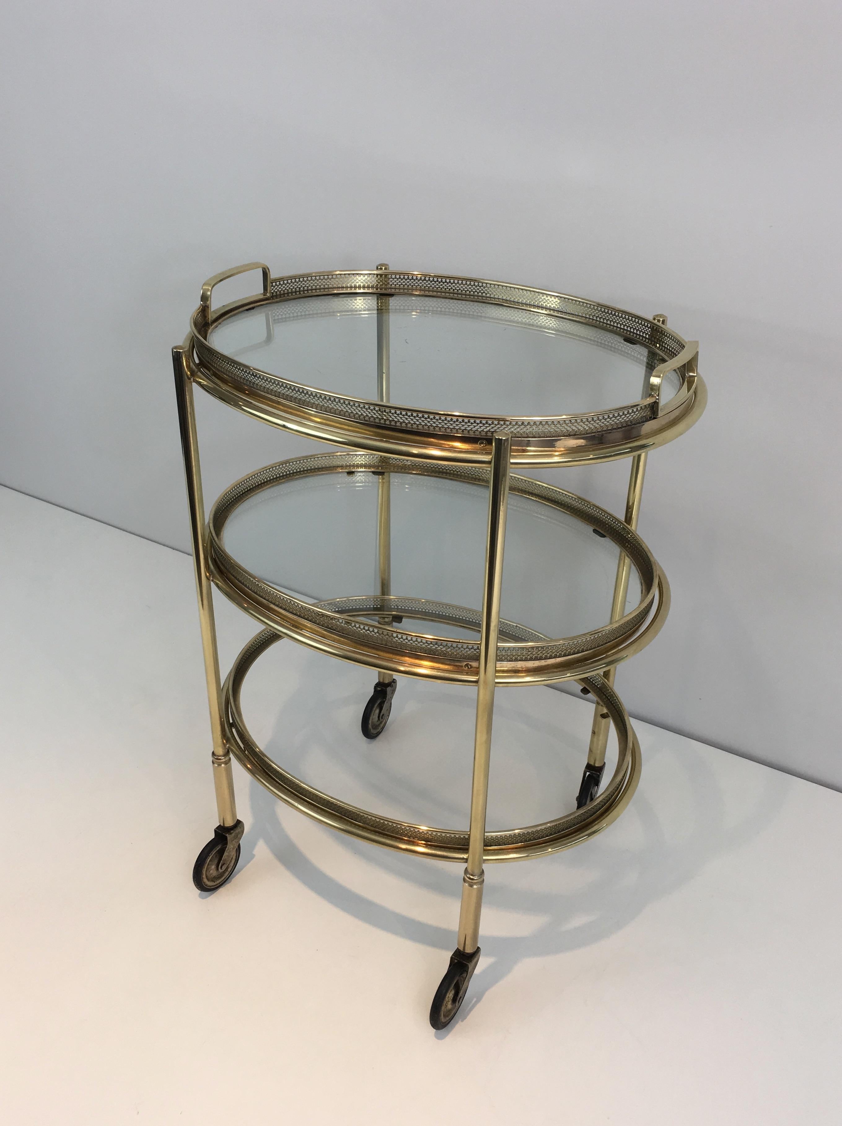 Delicate Neoclassical Oval Brass Trolley with 3 Removable Shelves 15