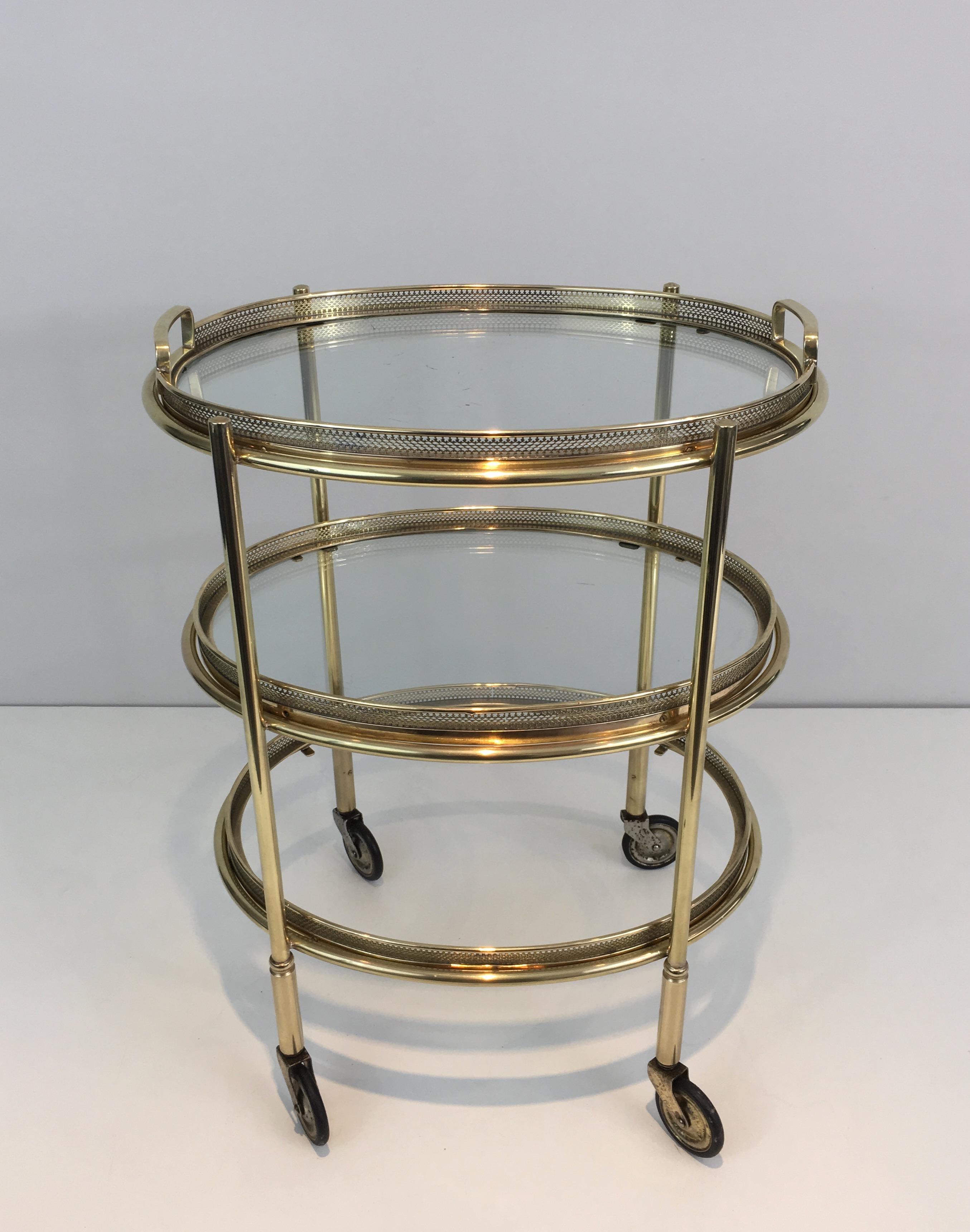 French Delicate Neoclassical Oval Brass Trolley with 3 Removable Shelves