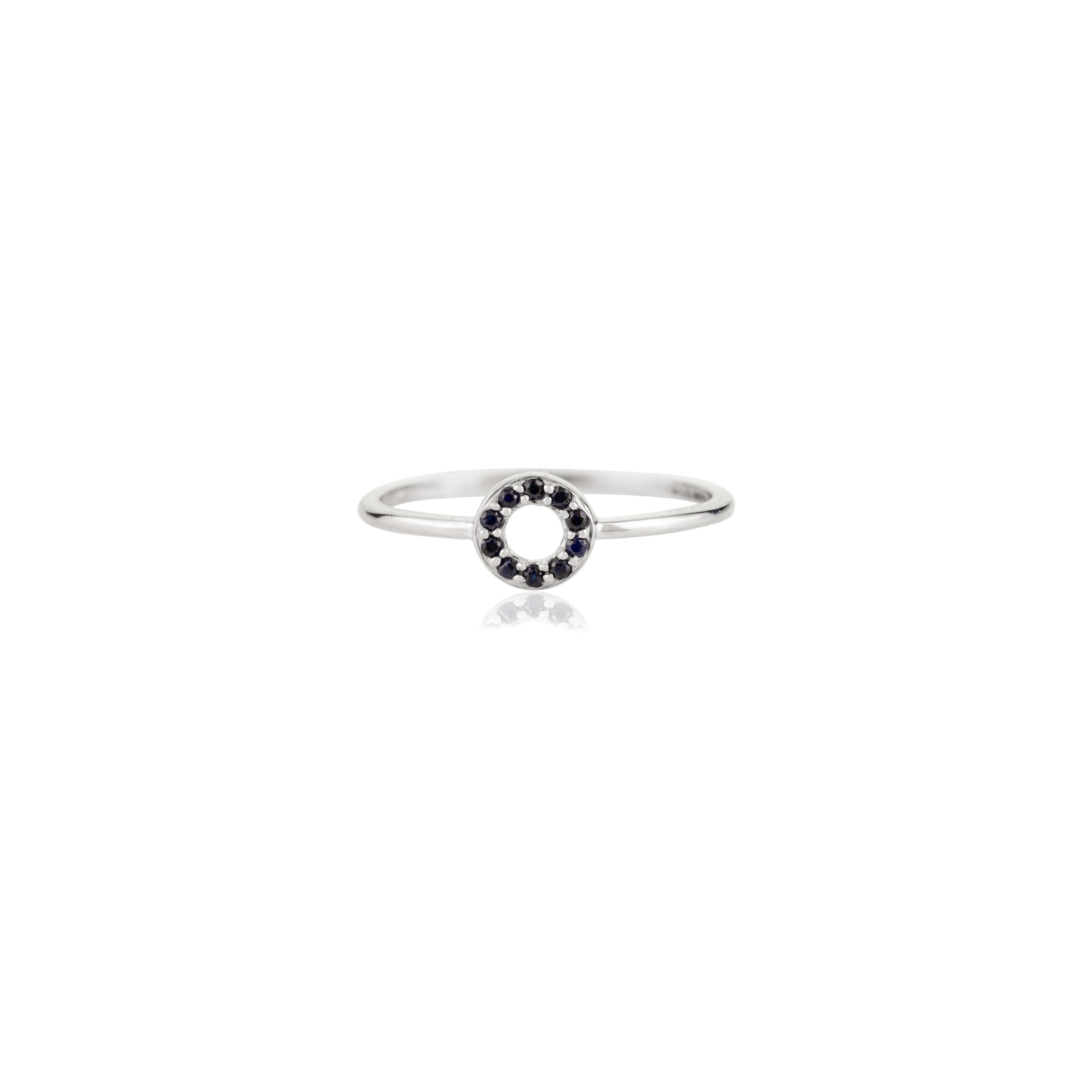 Delicate Open Halo Circle Blue Sapphire Ring in 14k White Gold Everyday Jewelry