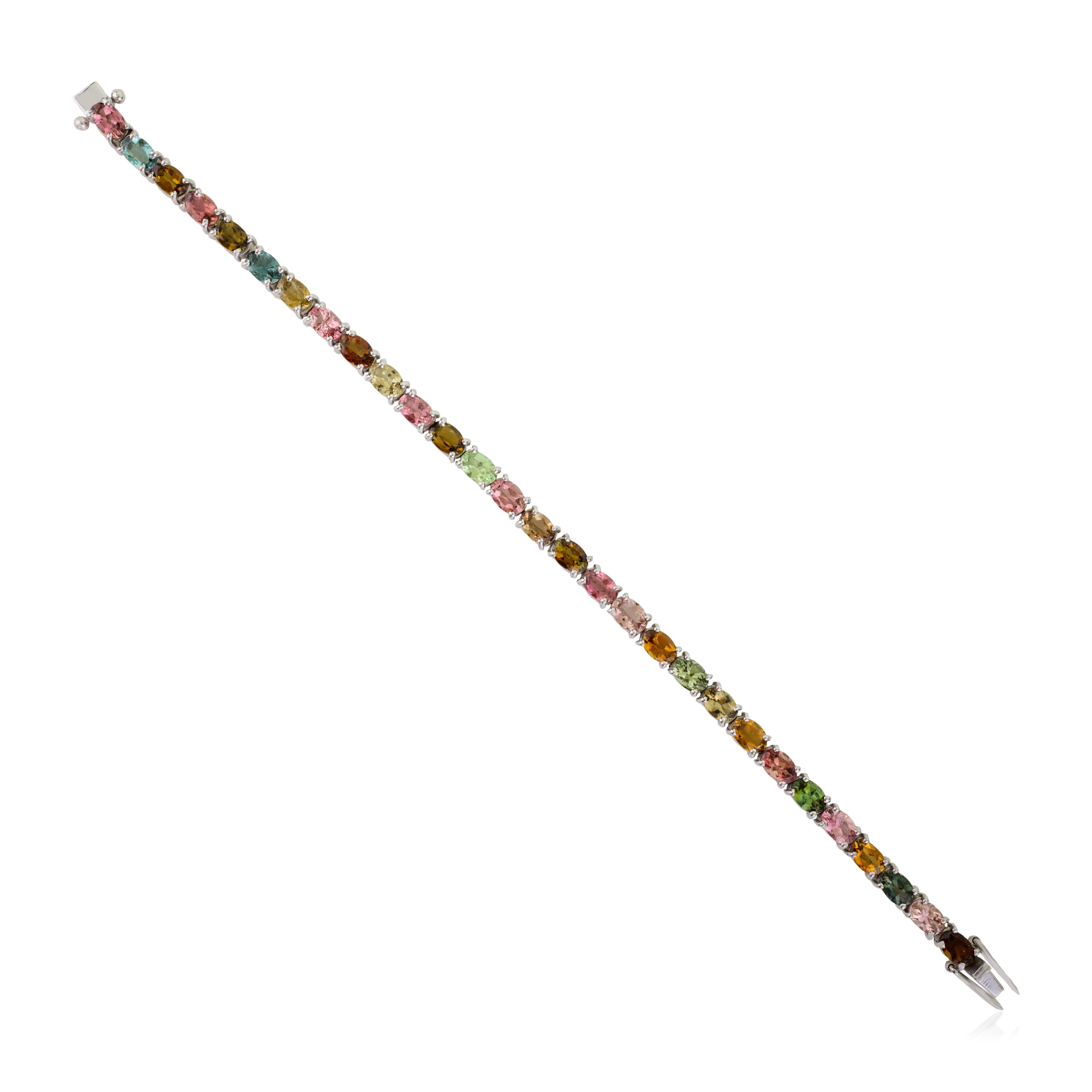 Delicada pulsera de tenis con multiturmalina de corte ovalado en plata 925 Regalo de boda Corte oval en venta