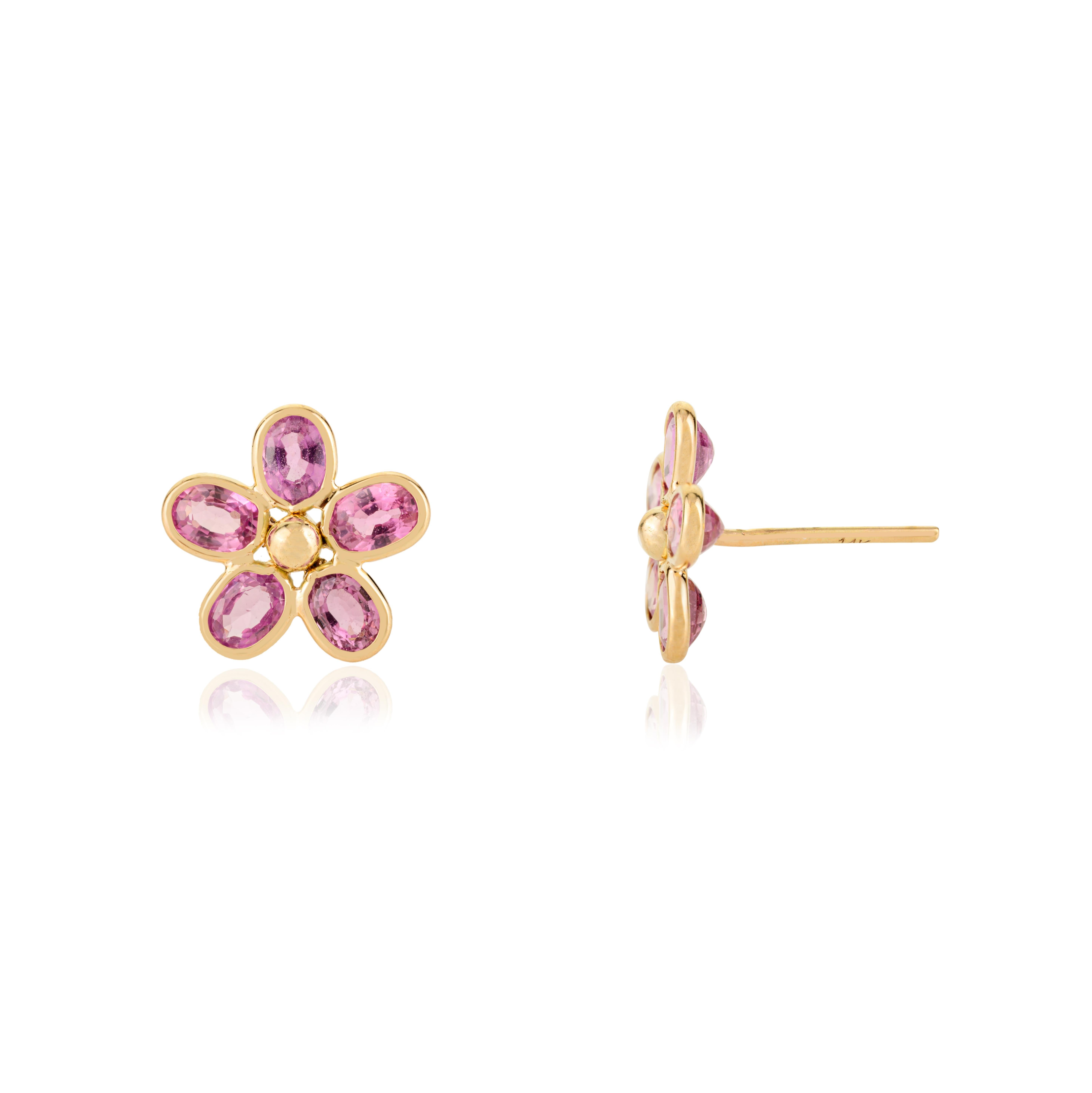 Boucles d'oreilles fleur en or jaune 14k, saphir rose ovale et délicat Neuf - En vente à New York, NY