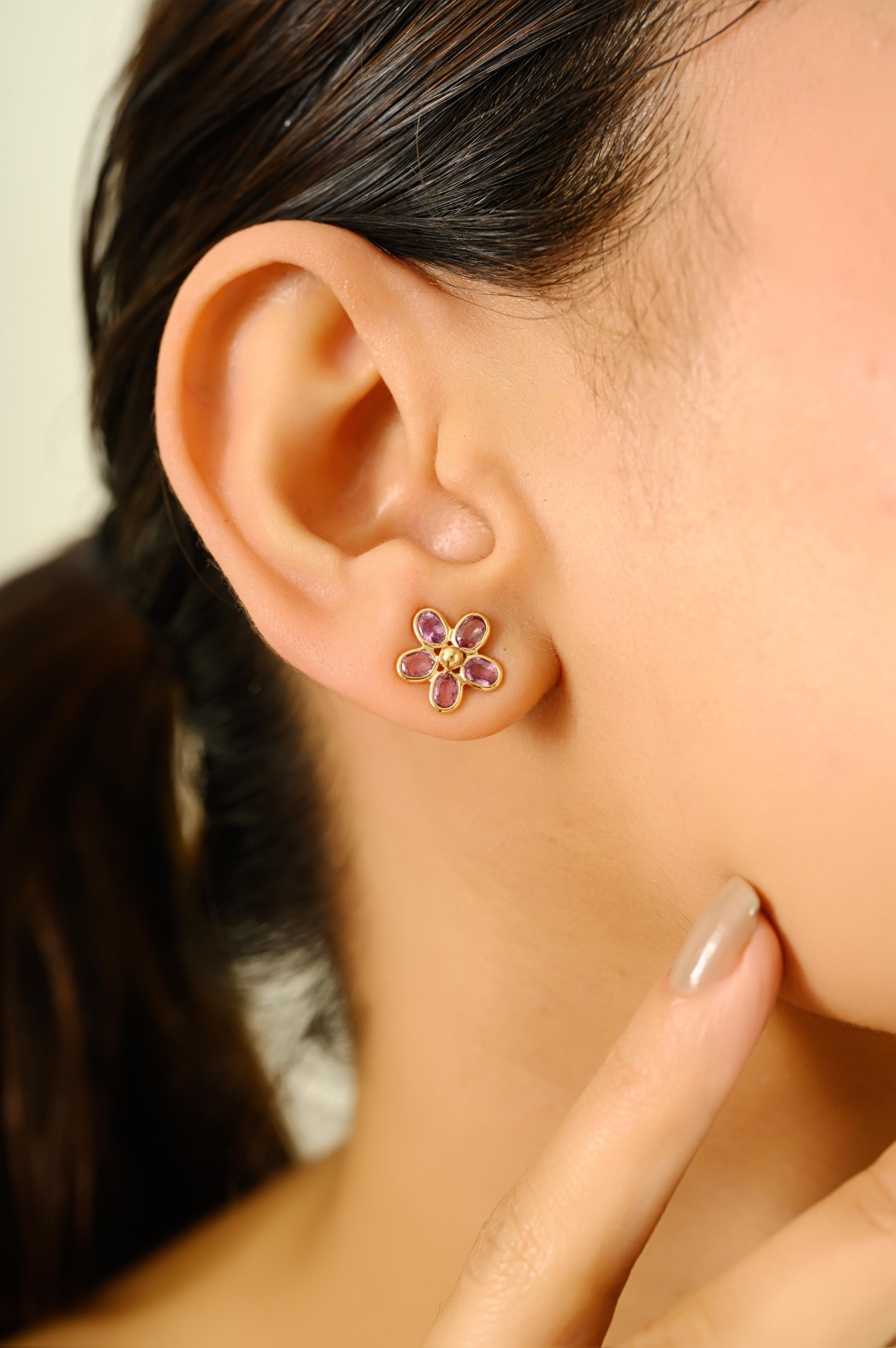 Boucles d'oreilles fleur en or jaune 14k, saphir rose ovale et délicat Pour femmes en vente