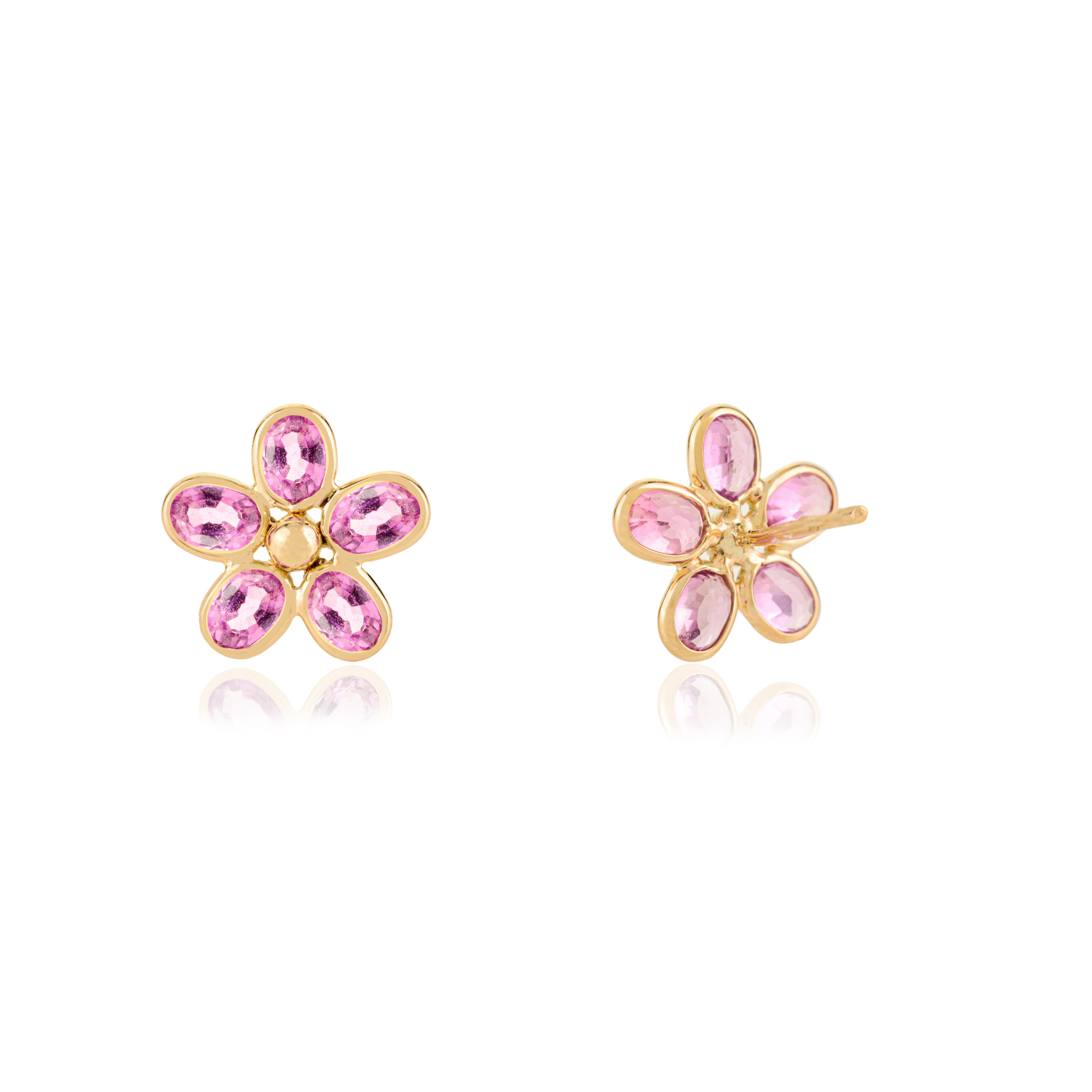 Boucles d'oreilles fleur en or jaune 14k, saphir rose ovale et délicat en vente 1