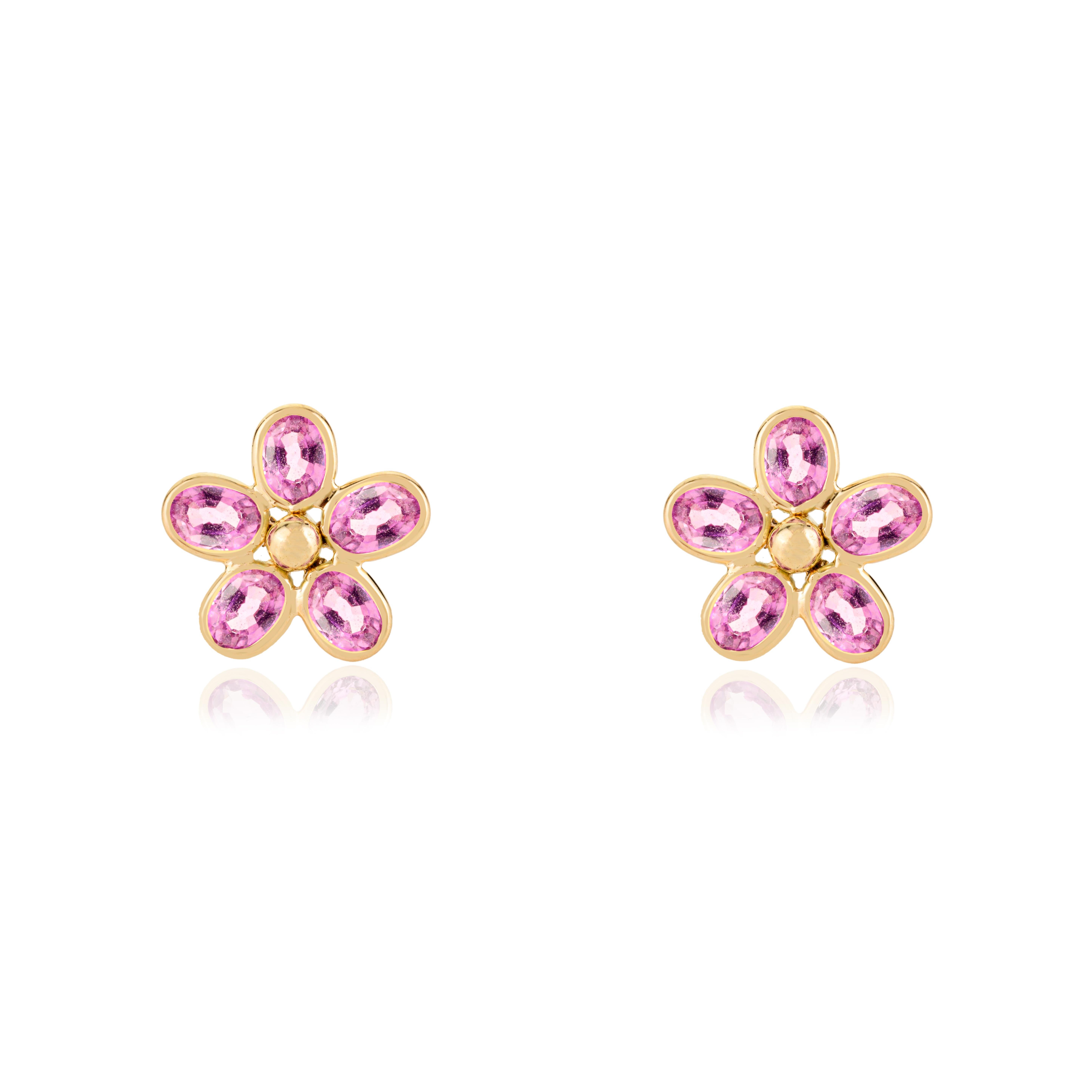 Boucles d'oreilles fleur en or jaune 14k, saphir rose ovale et délicat en vente 3