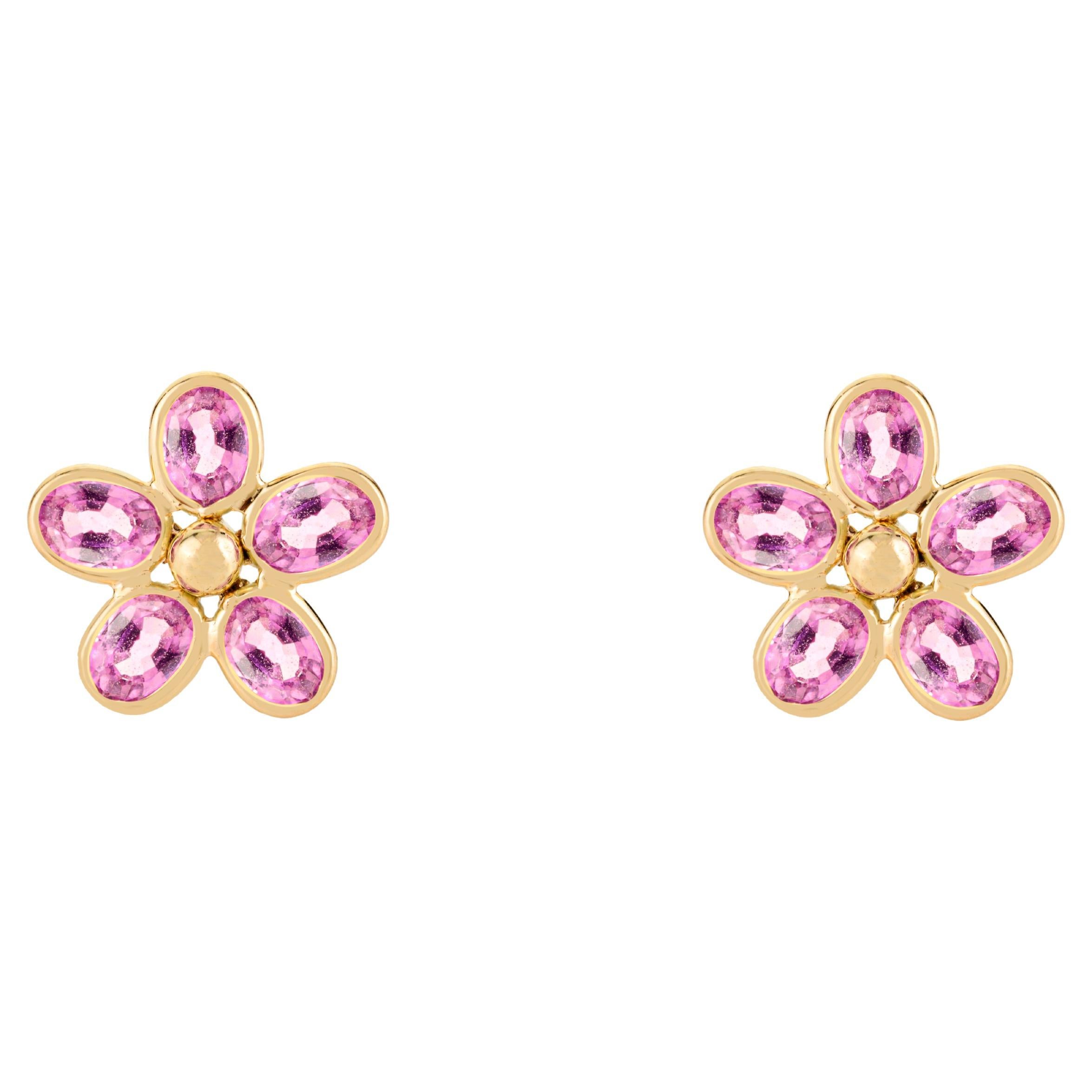 Boucles d'oreilles fleur en or jaune 14k, saphir rose ovale et délicat en vente