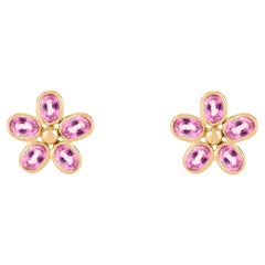 Delicate Oval Pink Sapphire Flower Stud Earrings in 14k Solid Yellow Gold