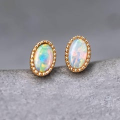 Delicate Oval Shaped Australian Solid Opal Stud Earrings 18K Yellow Gold